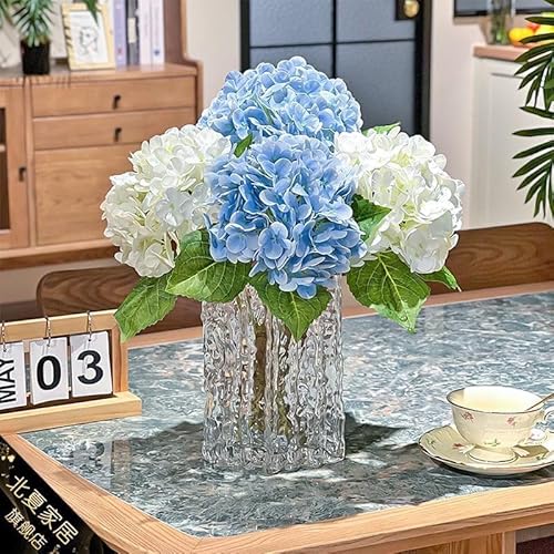 Image of DOTKV Artificial Hydrangea Silk Flowers, Blue and White, 25 Inch, Home Decor Faux Floral Arrangement
