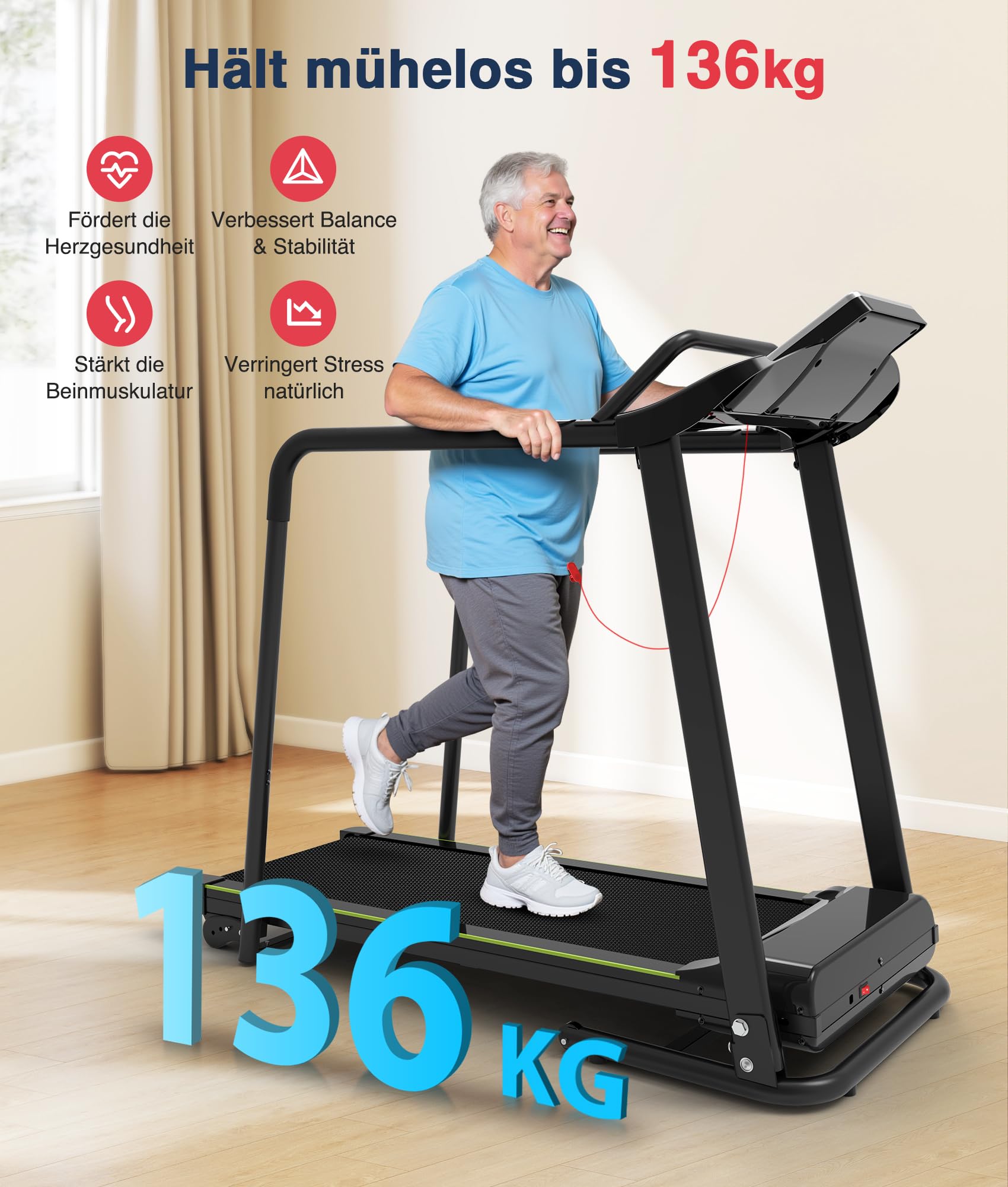 Redliro Laufband für Senioren mit Handläufen, sanfter Start ab 0,5 km/h | 300 lb Tragkraft,0–2 % Neigung,Transporträder,Auto-Schmierung, Bildschirm-Aus-Taste,Rehabilitations-Laufband für Zuhause