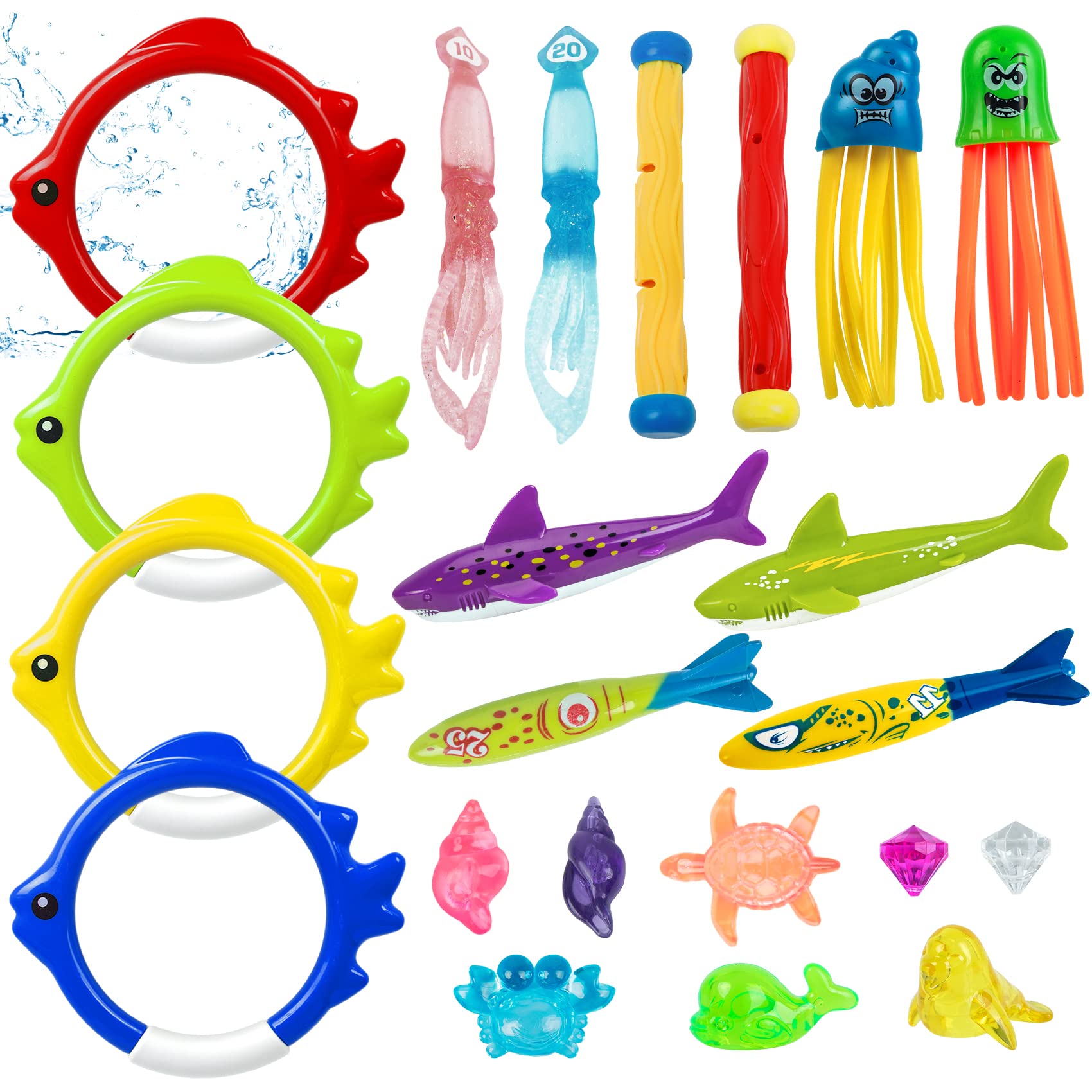 24 Piezas Juegos Juguetes Piscina para Niños, Juguetes de Buceo Piscina para Niños, Juguetes de Agua para Niños con Anillos Buceo, Juguetes Subacuáticos, Regalo de Verano para Niños Y Niñas