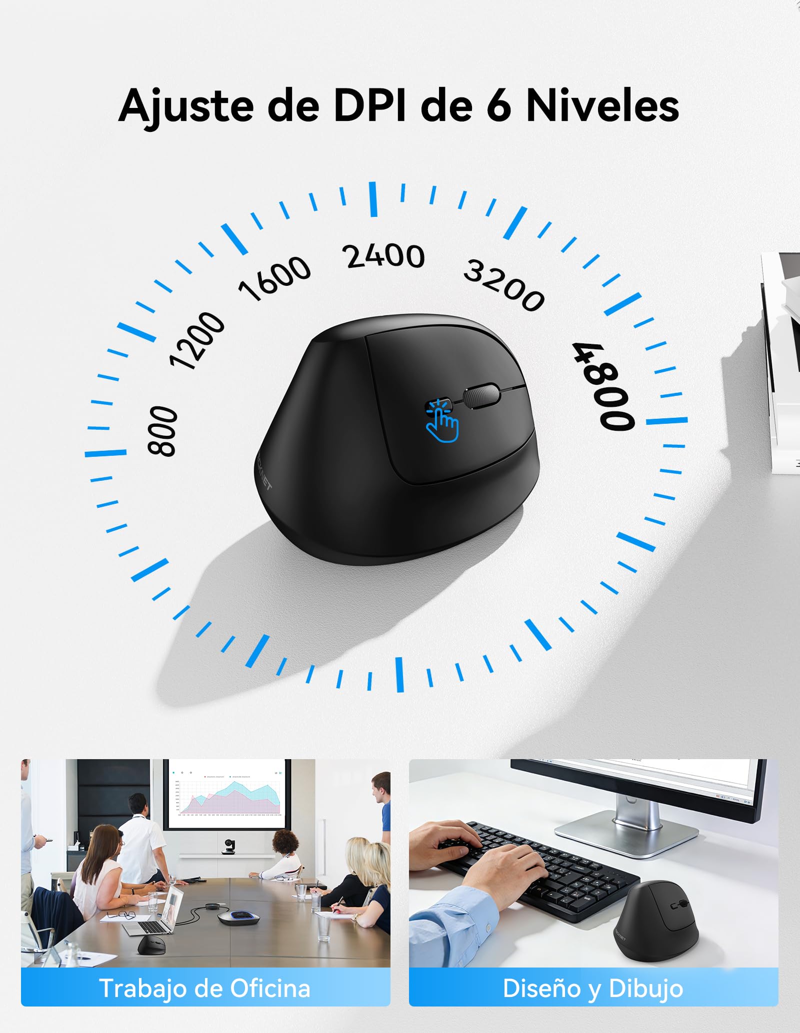 TECKNET Ratón Bluetooth Ergonómico, Ratón Vertical con 3 Modos de Conexión | BT 5.0/3.0+2.4G Ratón Inalámbrico Recargable, 4800DPI Ajustable, Silencioso Mouse para Portátil, Mac y PC