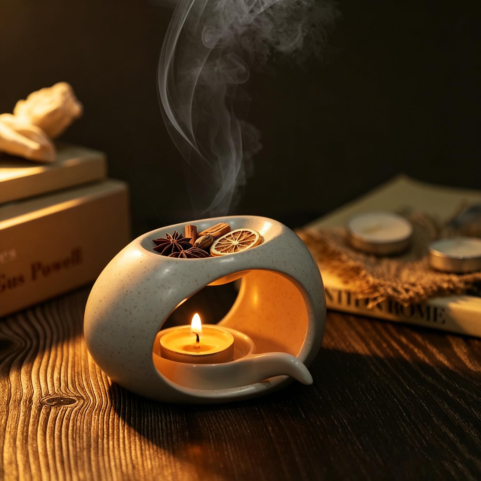 Quemador de aceites Esenciales de cerámica, Calentador de aceites para aromaterapia con Vela pequeña, difusor de Aromas para Incienso, Ideal para SPA en casa, Yoga, meditación Blanco