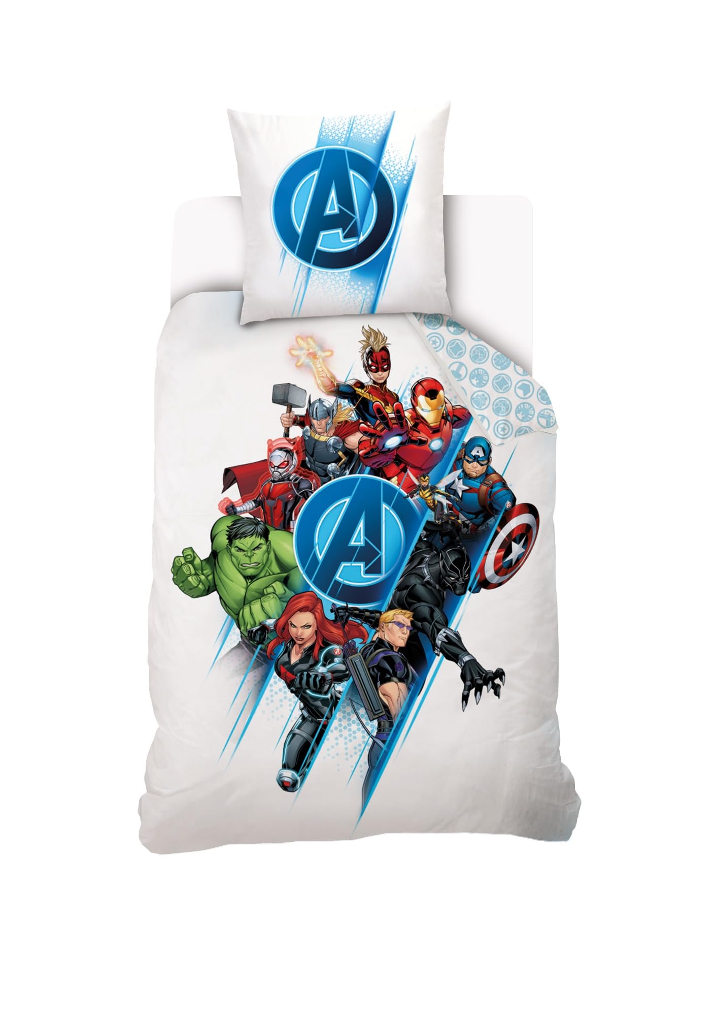 Marvel Avengers Team - Funda nórdica de 140 x 200 cm y 1 funda de almohada de 63 x 63 cm, 100% algodón, color blanco
