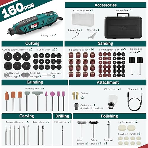 Miniatura 6 de NEU MASTER Kit de herramientas rotativas de 180 W, herramientas rotativas eléctricas con cable con 160 accesorios y 6 velocidades variables, juego