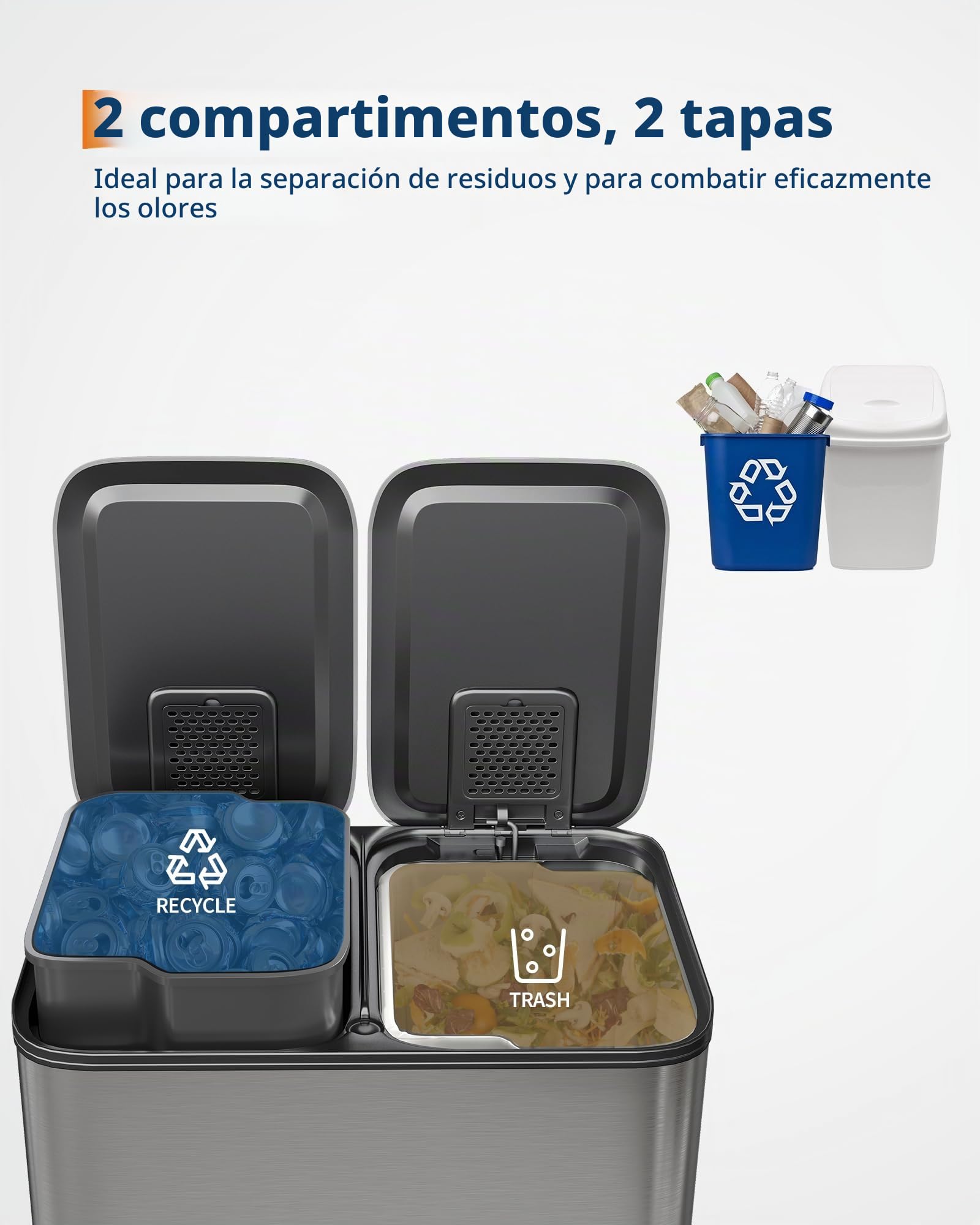 Acekool Cubo de Basura Doble 30L Acero Inoxidable con Pedal Sin Contacto | Tapa soft‑close y recipientes internos fáciles de retirar.