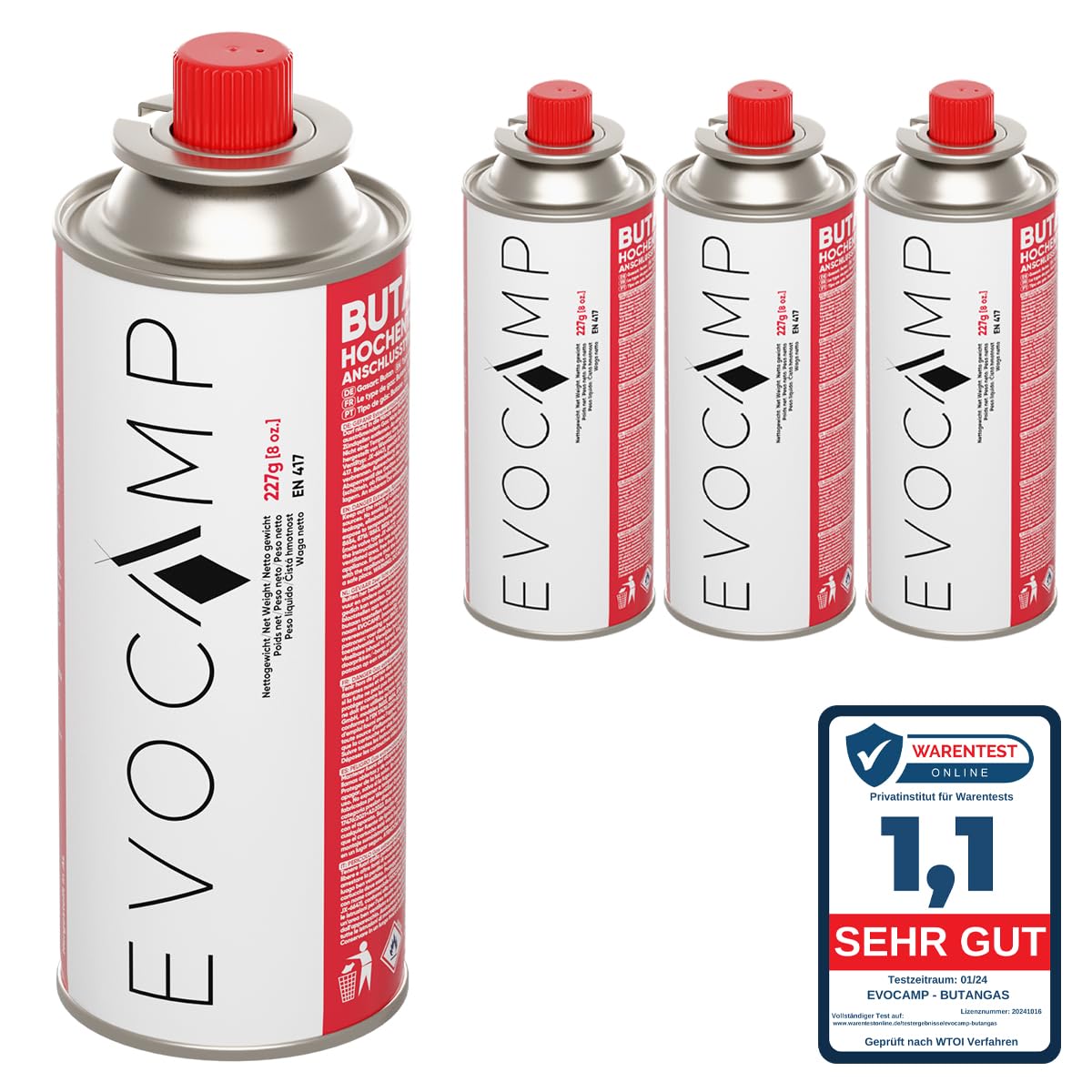 EVOCAMP 4X Stück Butan Gaskartuschen 227g Typ MSF-1a Bajonett Ventil ideal für Campingkocher, Gasheizung, Unkrautbrenner, Camping Gas Butangas Kartusche, Universaldruckgasdose für Camping und BBQ