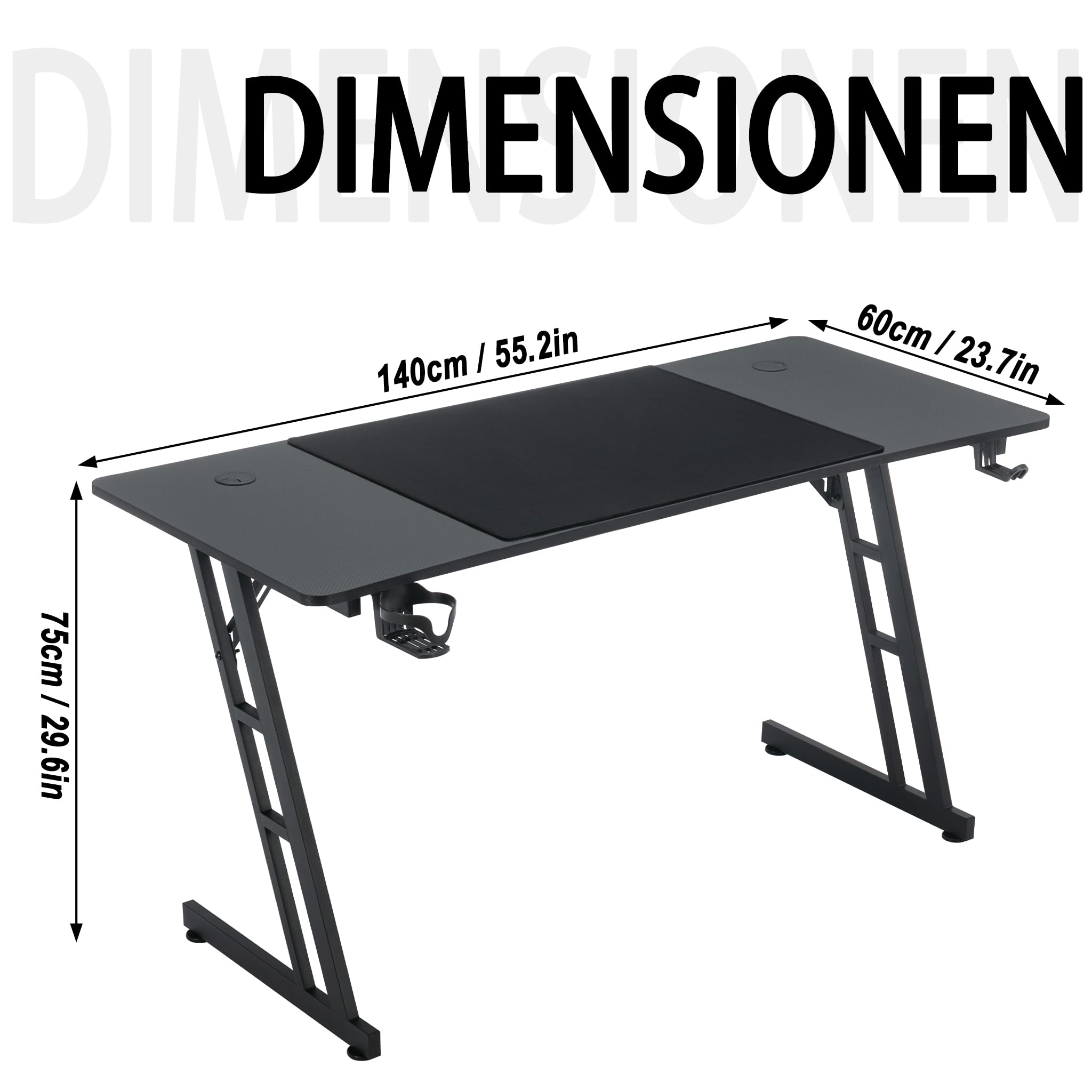 UISEBRT Mesa de gaming, mesa de ordenador para videojuegos con superficie de fibra de carbono, mesa ergonómica de hasta 150 kg, para dormitorio o oficina, 140 x 60 x 74 cm