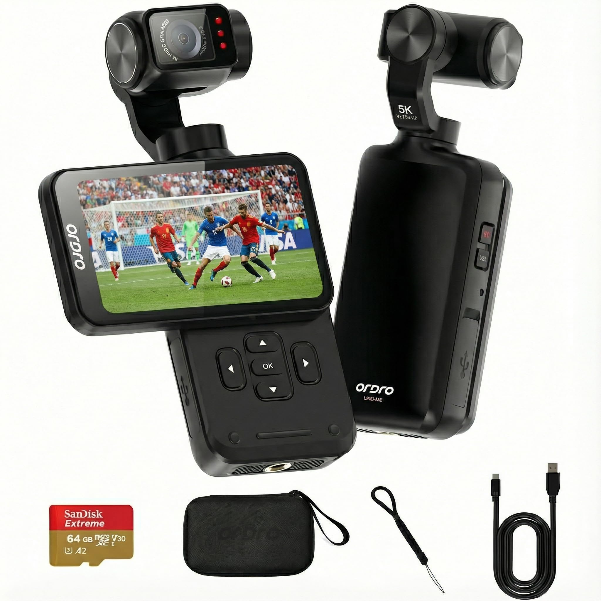 M5 Vlogging Camera 3-Axis Gimbal Stabilizer, 5K Handheld Camera 3.5'' Rotatable Touchscreen 120° Wide Angle, IR Night Vision Function, Fast Focusing,Face Tracking for YouTube Vlogs, 64G Card