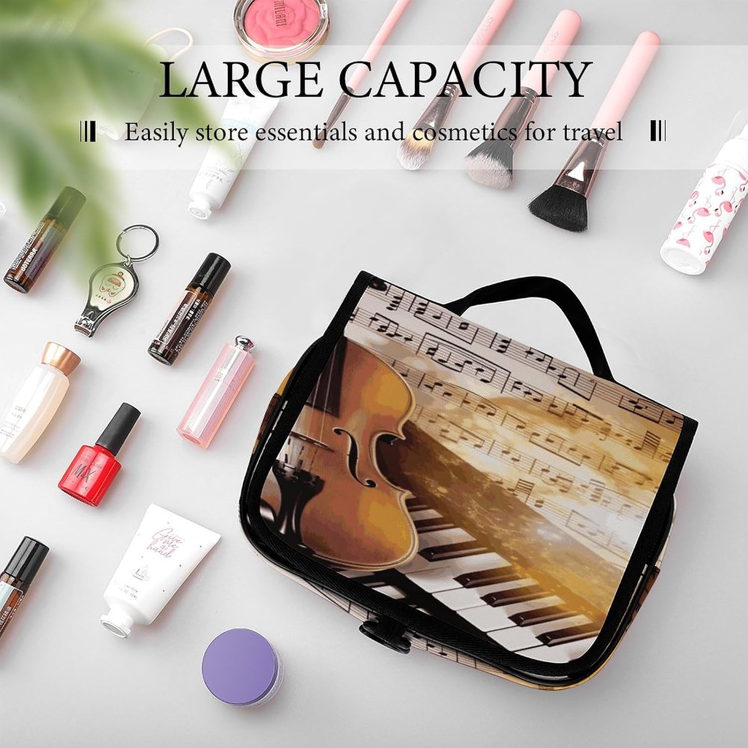 Piano Violin Music Notes Travel Toiletry Bag for Women & Men, Makeup Bags with Hook And Multiple Pockets, Cosmetic Case for Bathroom Shower image 4