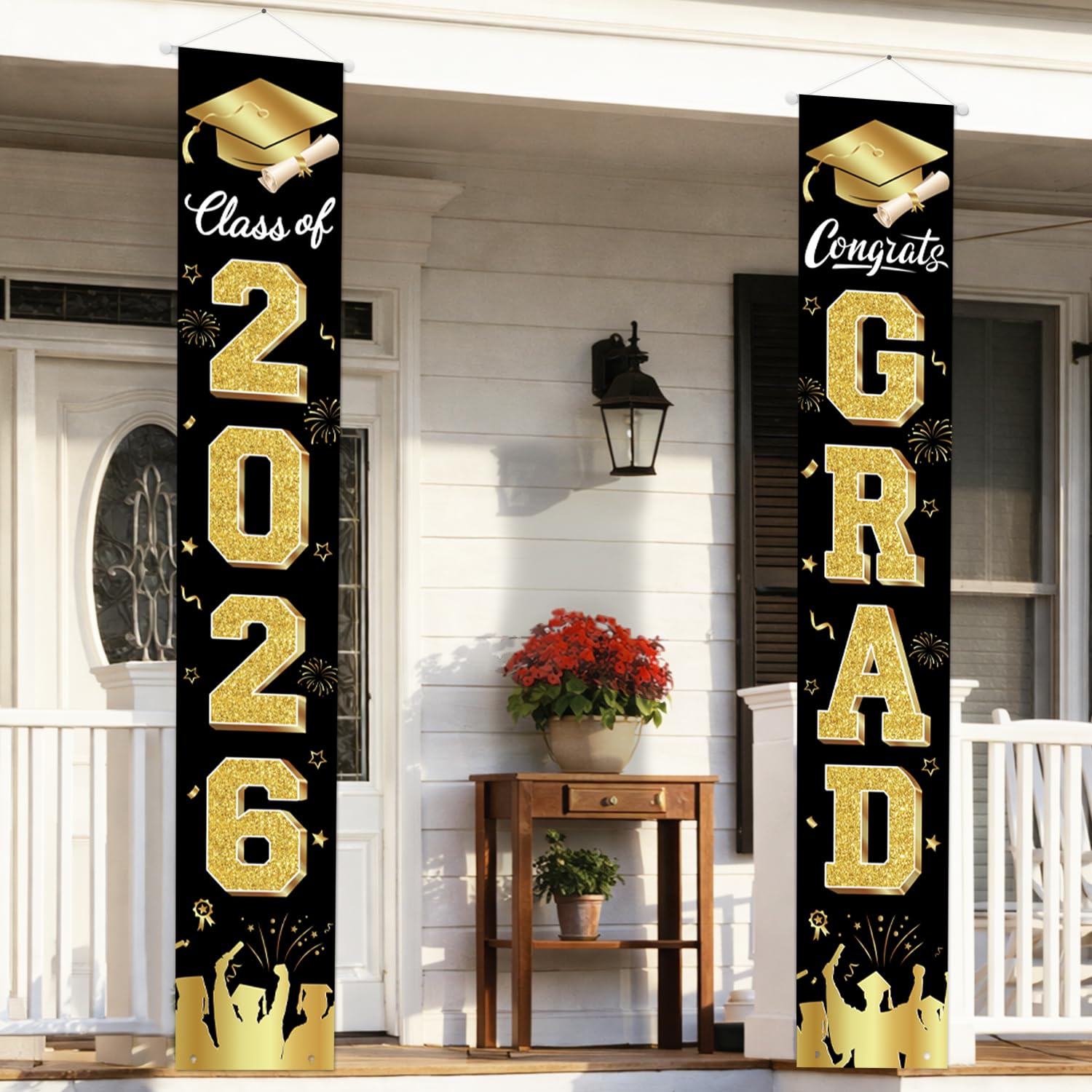 Graduation Decorations 2026 Porch Banner, Black and Gold Graduation Banner Class of 2026, Congrats Grad Decorations for Door and Porch Party Supplies