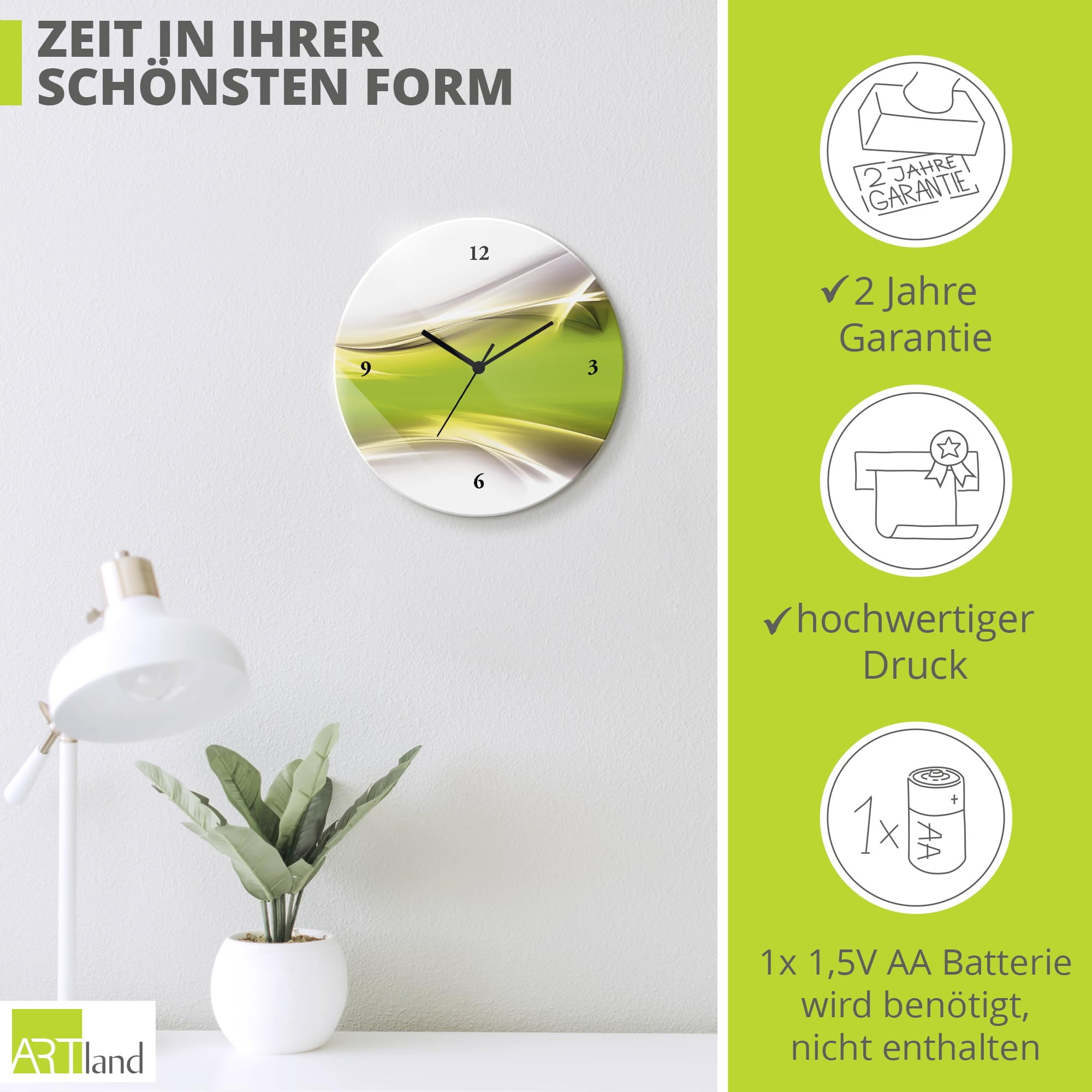 ARTLAND Wanddeko Wanduhr ohne Tickgeräusche Glas Funkuhr Ø 30 cm Rund Lautlos Design Abstrakt Kunst Modern Ausgefallen Kreativ T9HZ