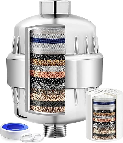 KITCHENGENIX 15 Stage Shower Head Filter for Hard Water High Output Showerhead Filter Shower Water Filter Reduce Chlorine, Dry Skin, Itchy Scalp - Shower Water Softener Improves Skin (Large, Chrome)
