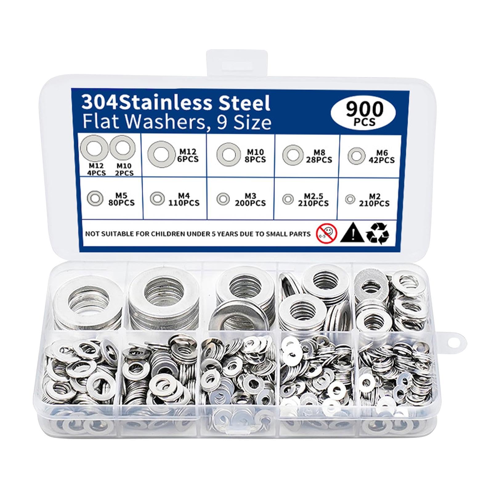 900 PCS Washer Kit, 9 Sizes M2, M2.5, M3, M4, M5, M6, M8, M10, M 12, Durable Stainless Steel Flat Washer for DIY, Home Repair, Woodworking and Automotive
