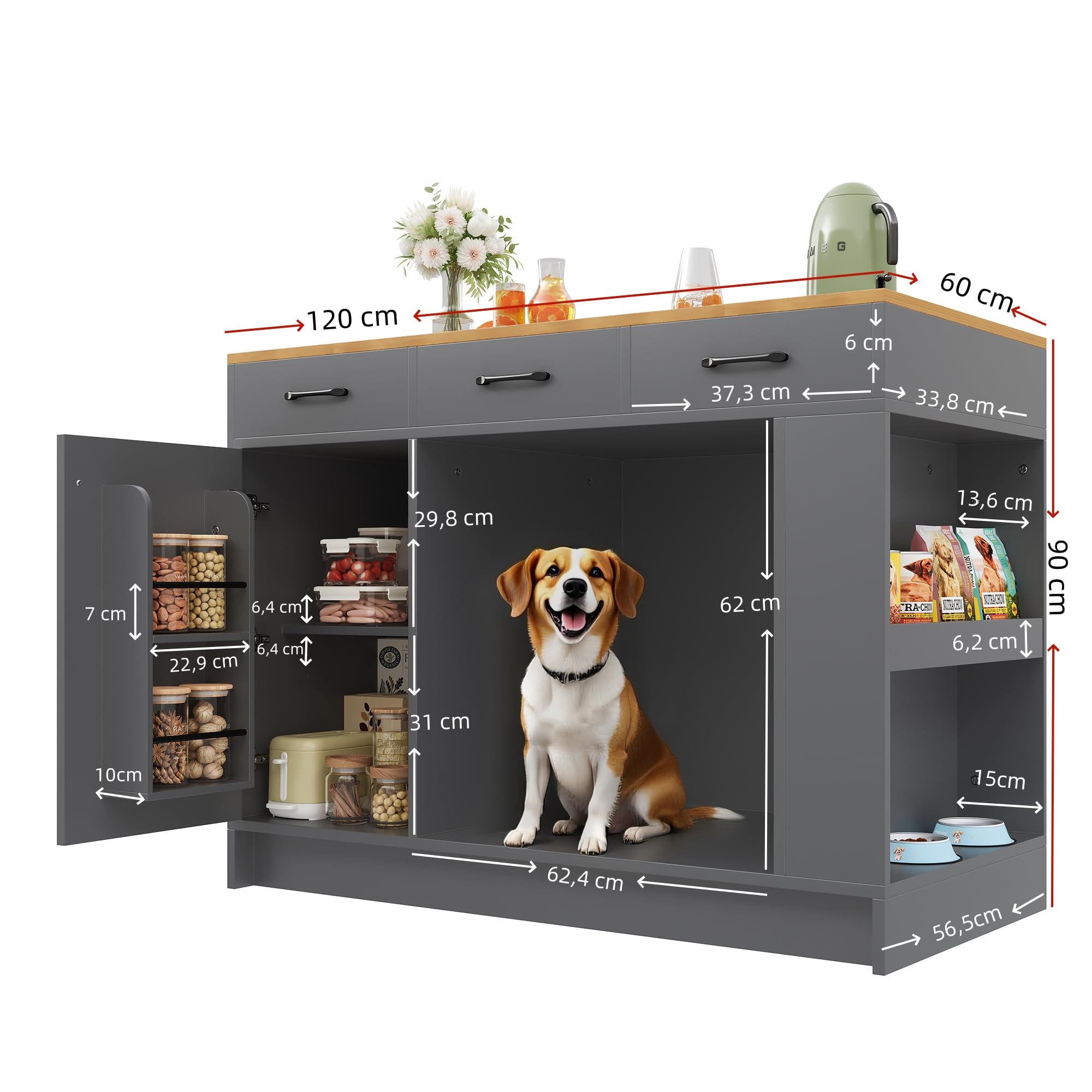 Isola da cucina, armadio con 3 cassetti, 1 ripiano per le spezie, ripiano regolabile, doppio ripiano (senza piatto per cibo per cani), ampio spazio per la conservazione degli animali domestici (senza