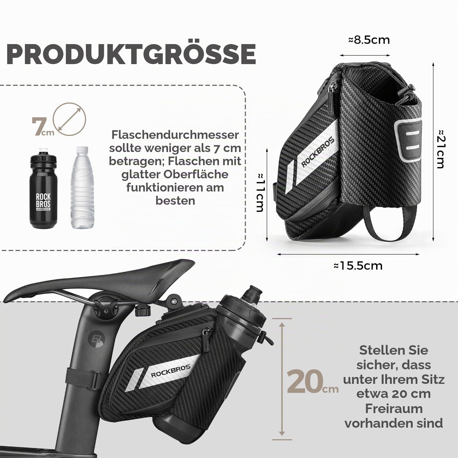 ROCKBROS Fahrradsatteltasche Fahrradtasche mit Flaschenhalter Reflektierend Fahrradsitz Tasche für MTB, Rennrad, Faltrad Schwarz ca. 1L