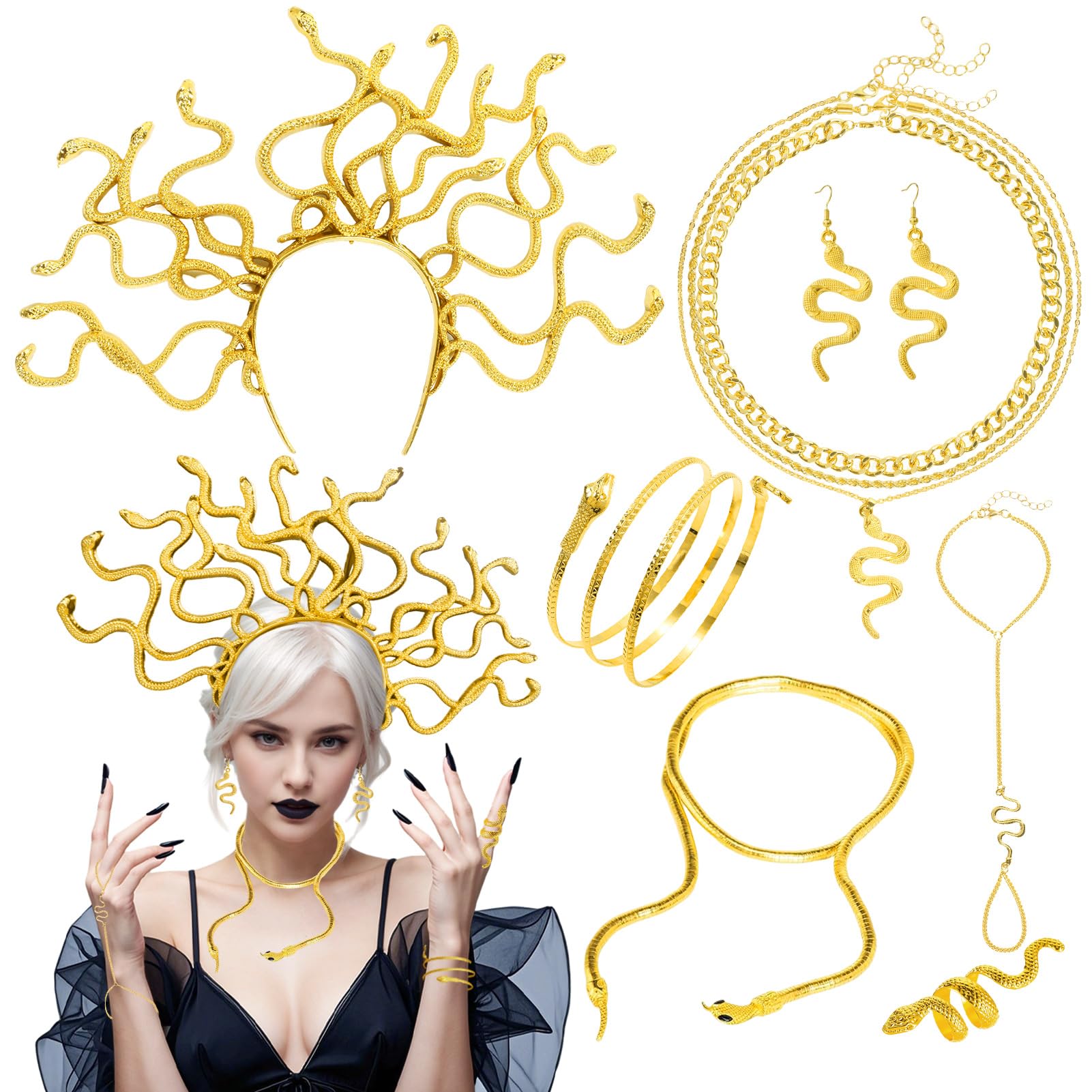 HarnyLoom Medusa Snake Headband Costume Medusa Headpiece Set Women Snake Gold Headband Necklace Ring Choker Chain Headpiece for Carnival Party Cosplay Accessories