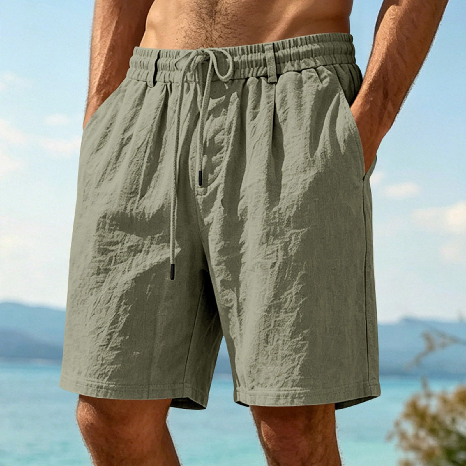 Short de plage en lin pour homme, fin, léger, respirant, jambe droite