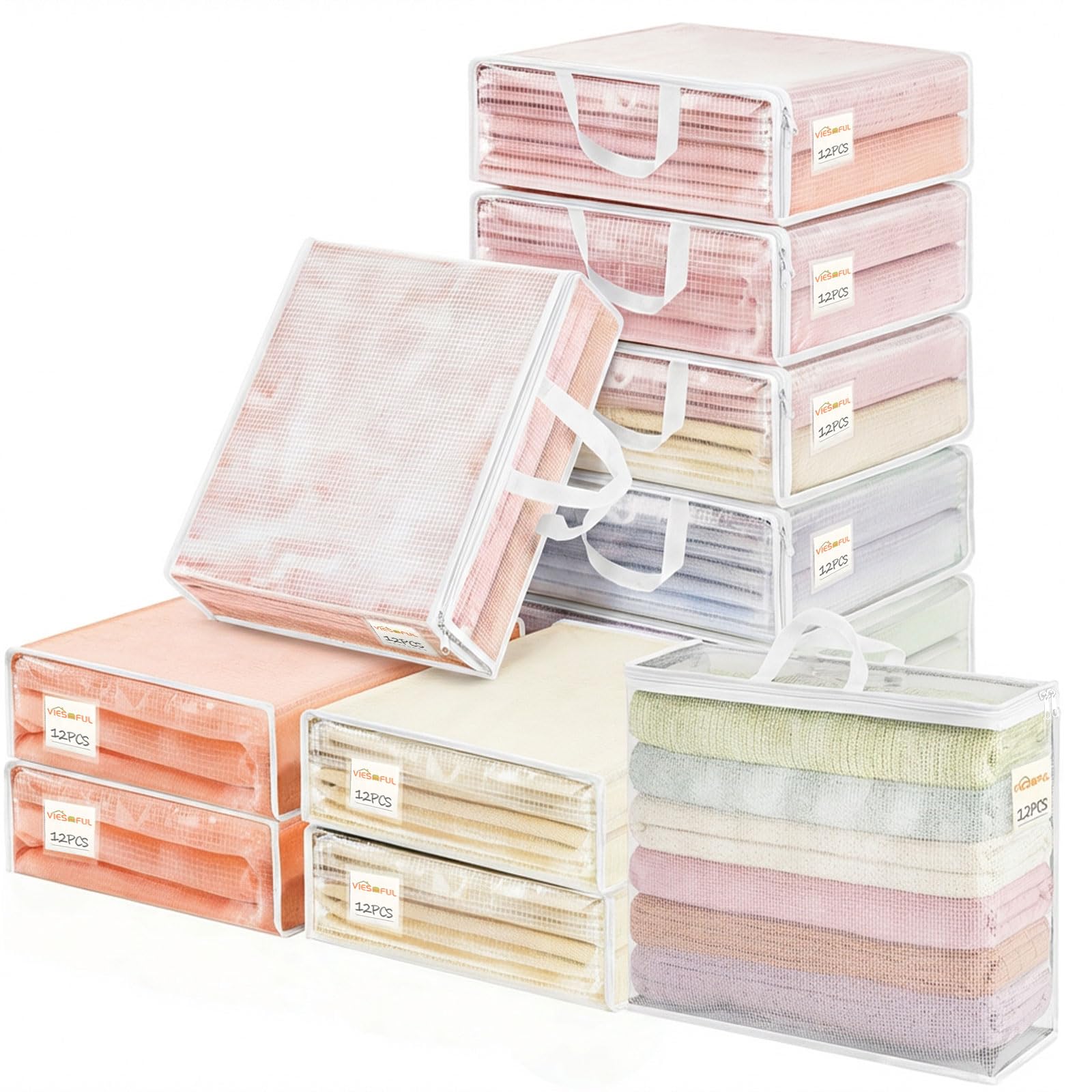 Vieshful 12 Pack Clear Storage Bags with Label, 22L Foldable PVC Mesh Clothes Storage Bags with Zipper for Bedding, Blankets, Clothing, Toys and Underbed Organisation