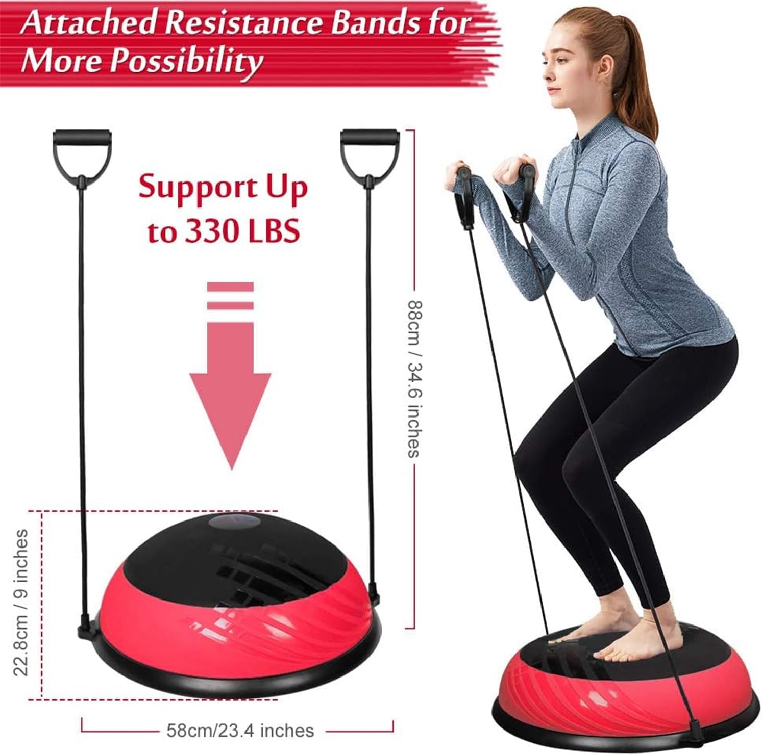 GYMMAGE Half Ball Balance Trainer Yoga Exercise Ball with Resistance Bands, Pump, Anti Burst Design & Anti-slip Surface for Balance, Stability, AB Strength Training Fitness Home Gym Workout, 23" Dia