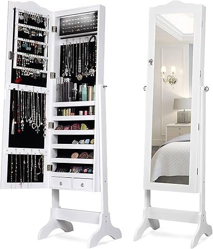 Miniatura 1 de NAFORT Armario de joyería independiente de 14 LED con espejo de longitud completa con bloqueo armario organizador de almacenamiento de joyas con 2