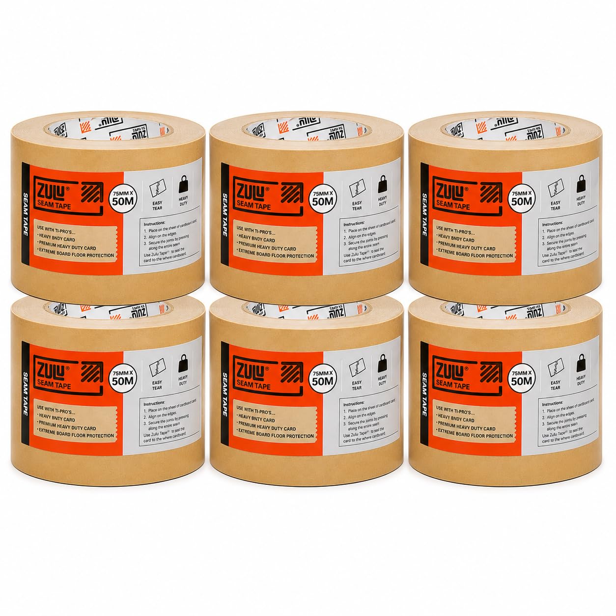 Zulu Brown Seam Tape 75mm x 50m Heavy Duty Kraft Paper Floor Protection Joining Tape Easy Tear Strong Adhesive for Card Floor Protection Renovation Decorating Construction | (6 Pack)