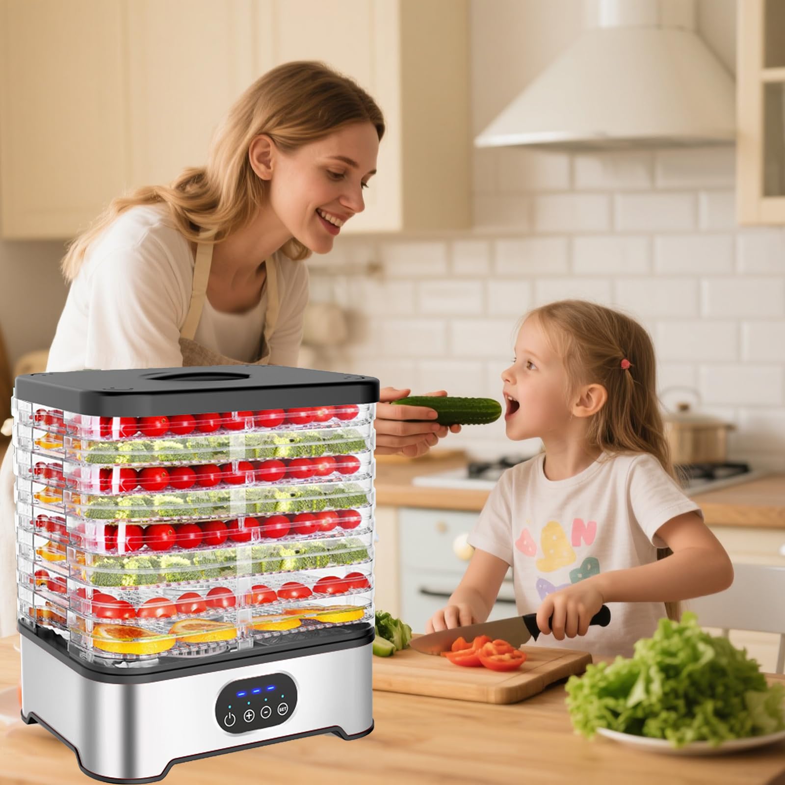 Deshydrateur Alimentaire 16L,8 Plateaux, Minuterie de 72 Heures, Température Réglable de 42 °C à 70 °C, pour le Séchage de Viande, Légumes et Fruits