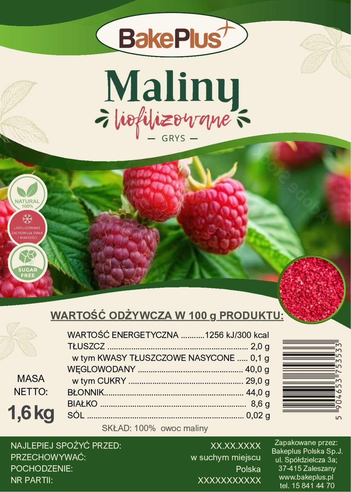 MALINY Liofilizowane Grys 1600 g