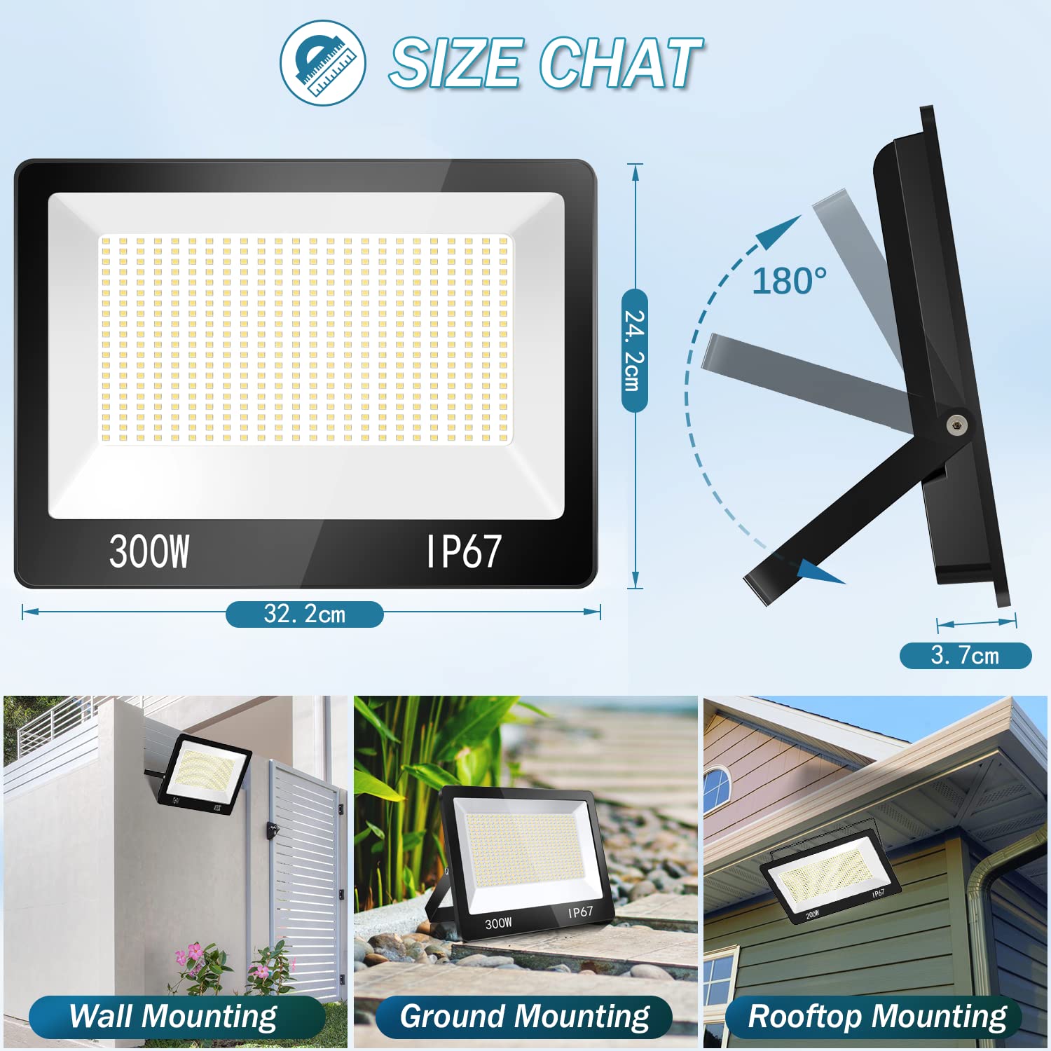 YIQIBRO Led-spot voor buiten, 300 W, 30.000 lm, 2 stuks