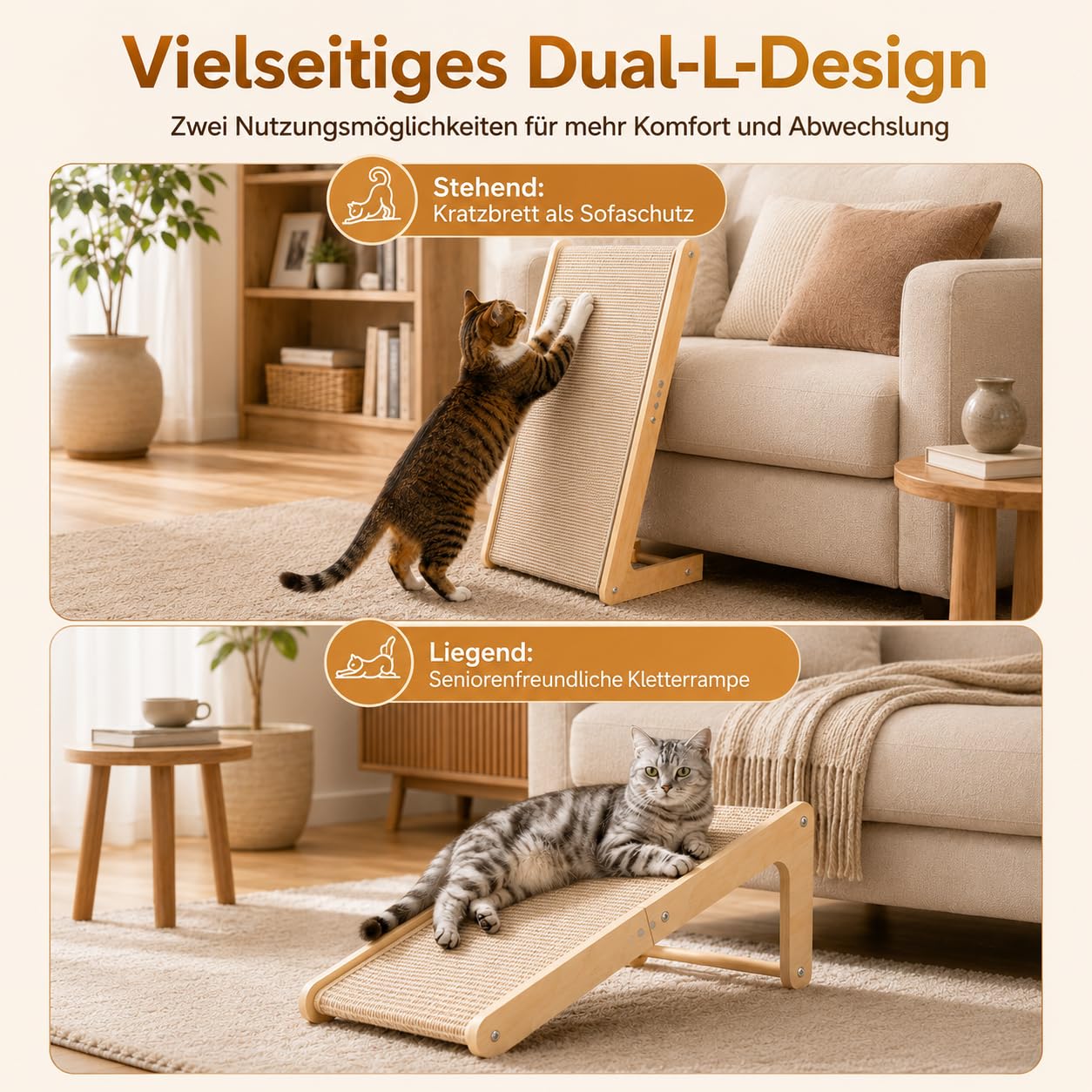 Rascador para gatos, 69 cm de alto, en forma de L, de doble uso, almohadillas para rascar para gatos, columna rascadora de madera maciza y sisal natural con hierba gatera para todos los gatos