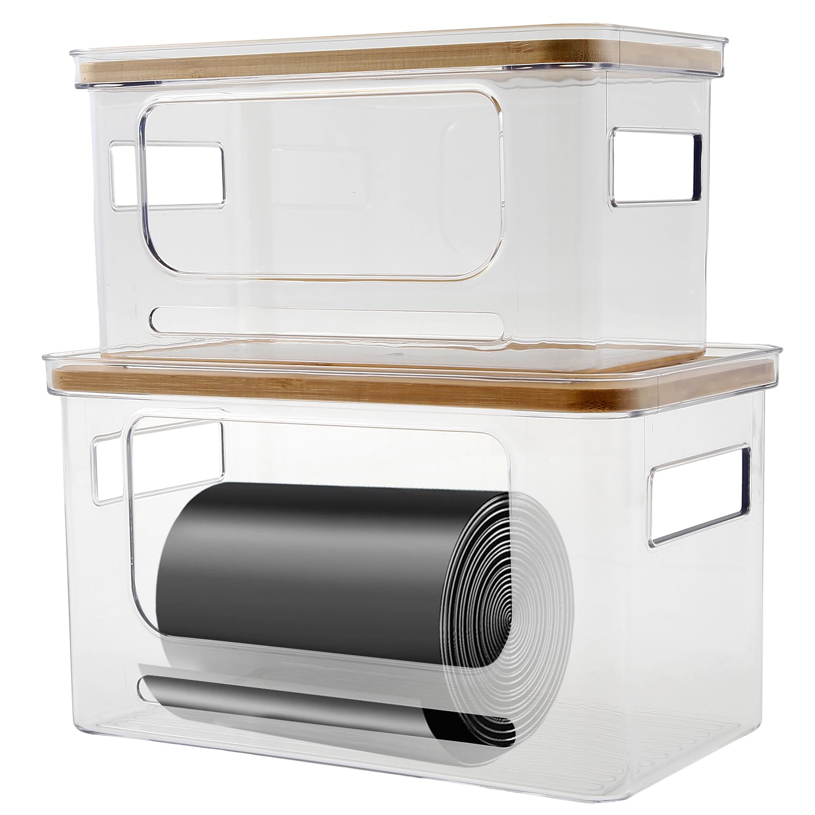 KTCINA 2Pcs Trash Bag Dispenser Holder, Stackable Garbage Bag Holder with Bamboo Lid & Dual Handles Extra Large Trashbag Organizer for Kitchen, Cabinet, Laundry Room, Pantry Organizer and Storage