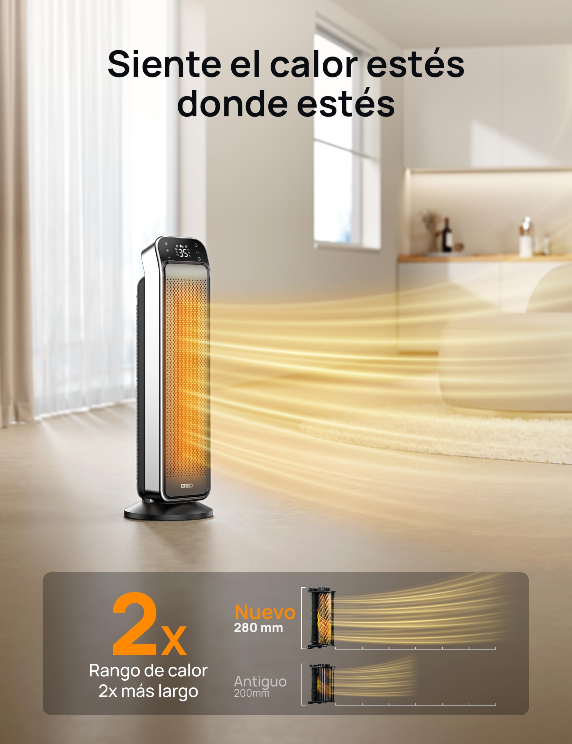 DREO Calefactor Bajo Consumo Silencioso, 25 Pulgadas, 1500W, Calefactor Eléctrico Cerámico con Control Remoto y Termostato, 3 Modos, 12h Función Temporizador, Protección antivuelco, Solaris Max
