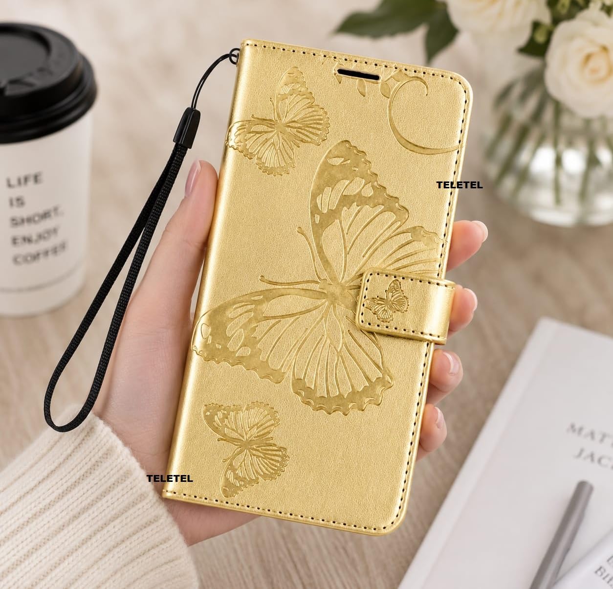 TELETEL Diva Series Butterfly Embossing Pu Leather Flip Wallet Case Cover with Card Holder | Magnetic Closure (Gold) for Redmi Note 11 & Redmi Note 11S 3