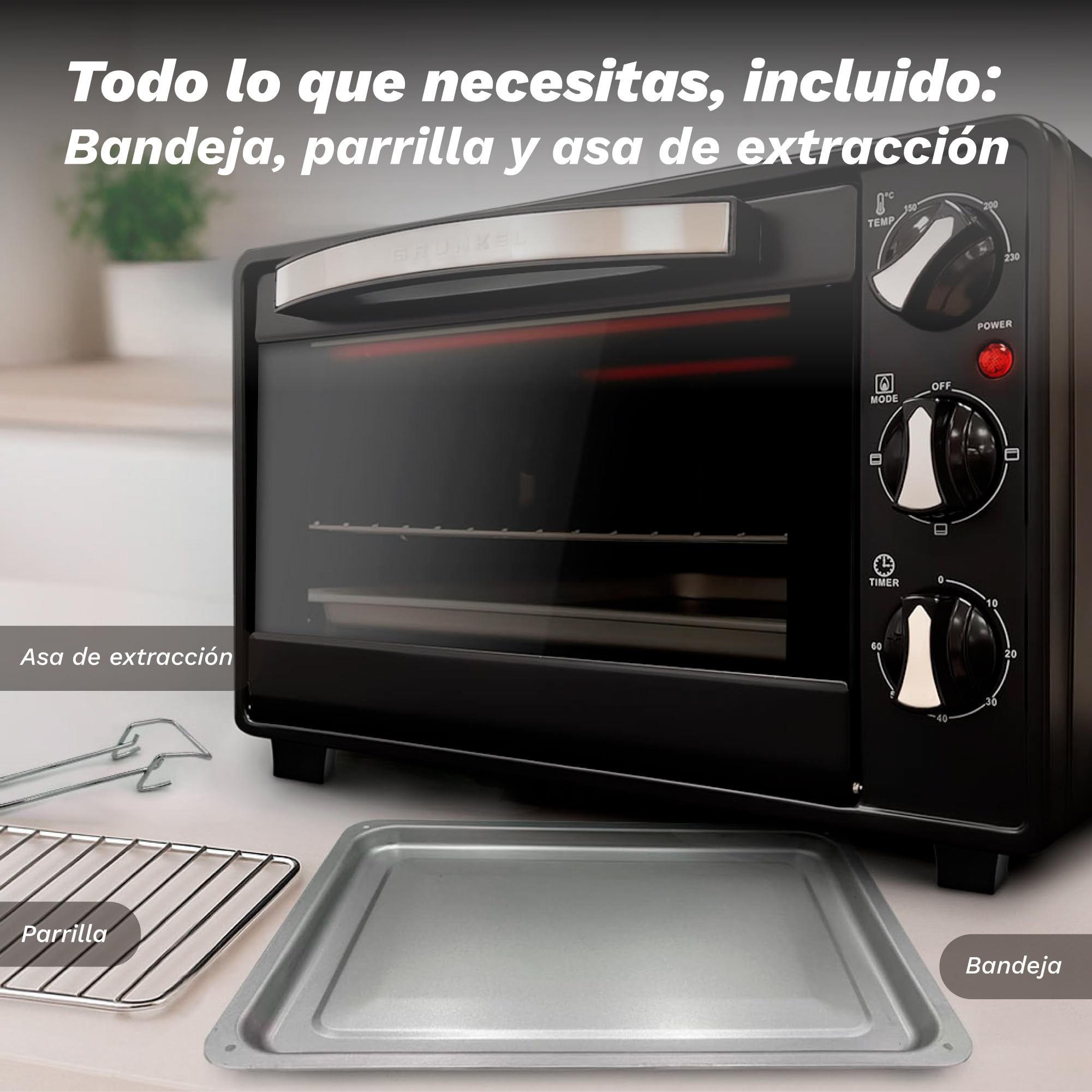 Grunkel - Horno eléctrico multifunción de sobremesa de 23l con 3 funciones de calor y selector de temperatura hasta 230°C. Temporizador hasta 60 min - 1600W (Negro) (HR-23HN)