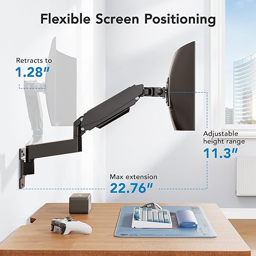 Miniatura 5 de HUANUO Soporte de pared para monitor ultraancho de 49 pulgadas, brazo de pantalla resistente con aluminio de alta calidad, soporta hasta 44 libras,