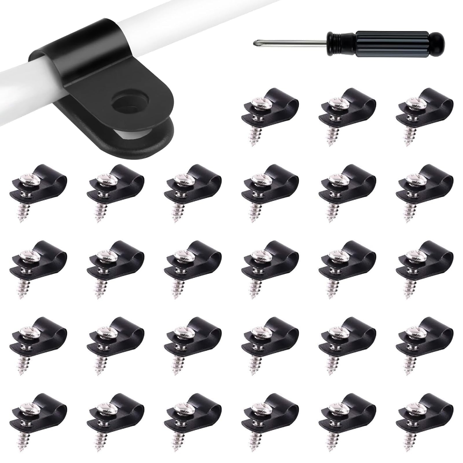 Nooynoeo Black 60 Pcs R Type Nylon Cable Clips, P Clips Cable Clips Cable Cleats,For Wire Management With 1Pcs 4Mm Screwdriver And 60 Pack Screws