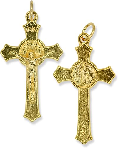 Miniatura 4 de Paquete a granel de 5 Crucifijos de San Benito para hacer rosario, piezas de rosario de oro chapadas de 1.5 pulgadas, parte de rosario de crucifijo