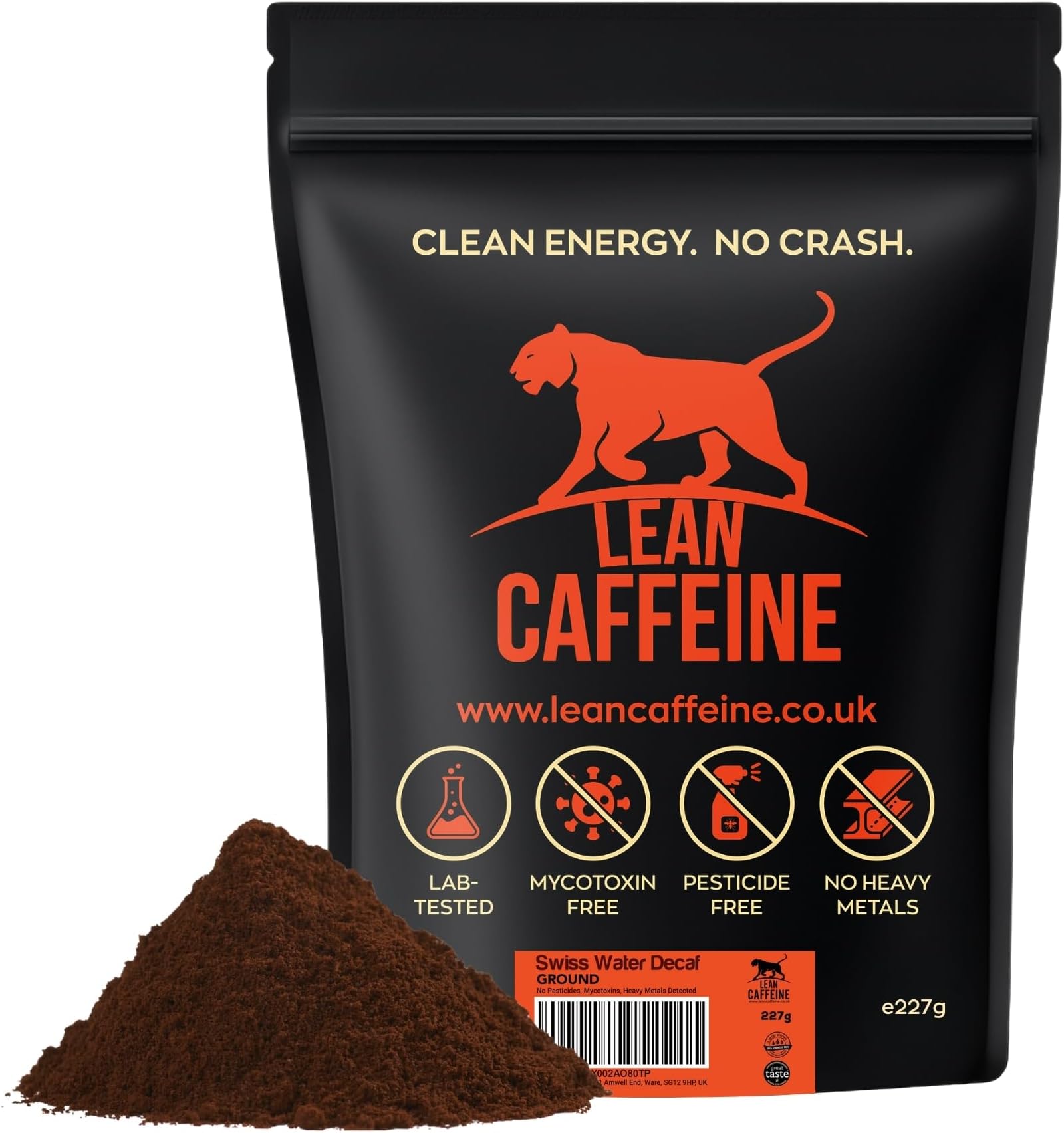 Lean Caffeine Bulletproof Decaf Ground Coffee – Super Clean, Lab Verified, Tested For Mycotoxins And Heavy Metals – Low Acid – Swiss Water Decaffeinated Ground Coffee – 227g (1 Pack)