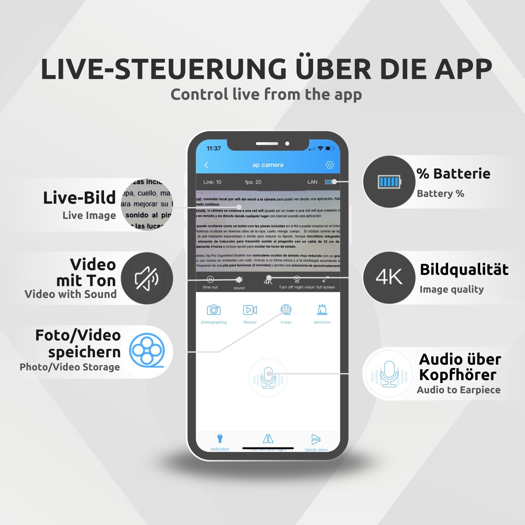 PingaOculto WLAN-Kamera 4K Erweiterte Batterie kompatibel mit Kopfhörer