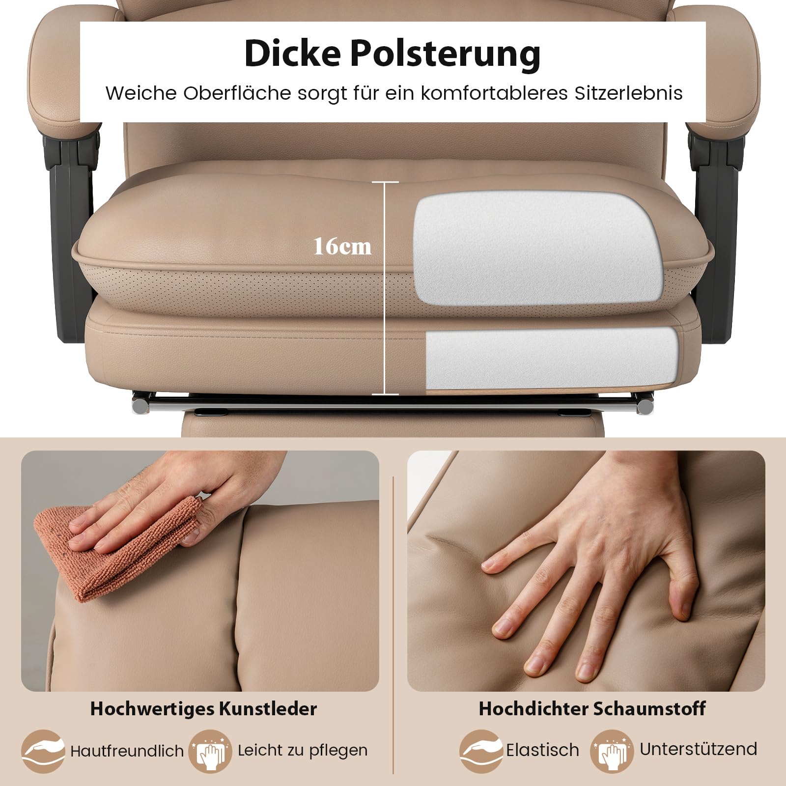 COSTWAY Ergonomischer Bürostuhl mit einziehbarer Fußstütze, Chefsessel mit Verstellbarer hoher Rückenlehne, weich gepolsterter Schreibtischstuhl aus Kunstleder, Computerstuhl, Kaffee
