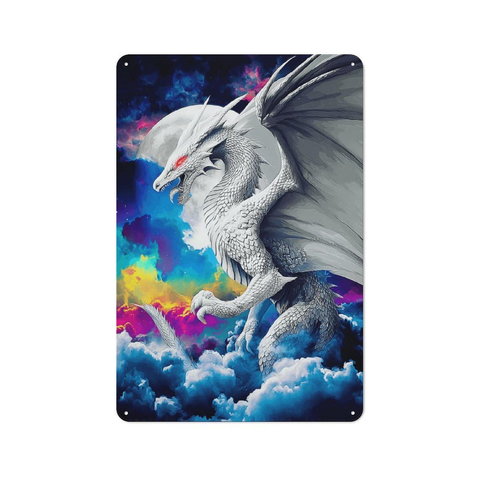 Junmoney White Dragon In Colorful Sky Rustic Metal Plaque 30X20cm For Hobby Room Or Studio, For Creative Interior Collectors