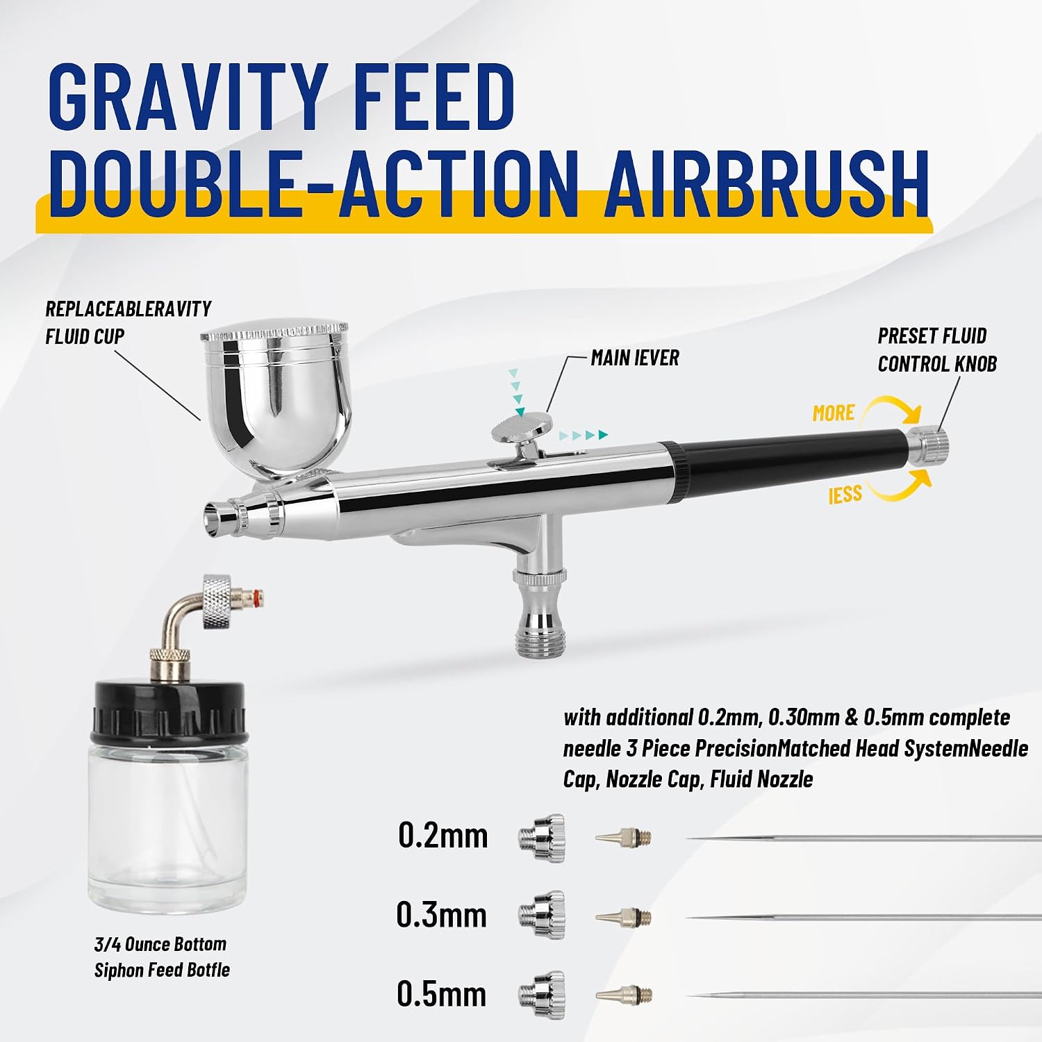 Fengda Precision Double Action Side Feed Airbrush FE-134K with Adapter, Airbrush Hose, Nozzles and Needles for Painting, Cake Decorating, Tattoo, Models Art