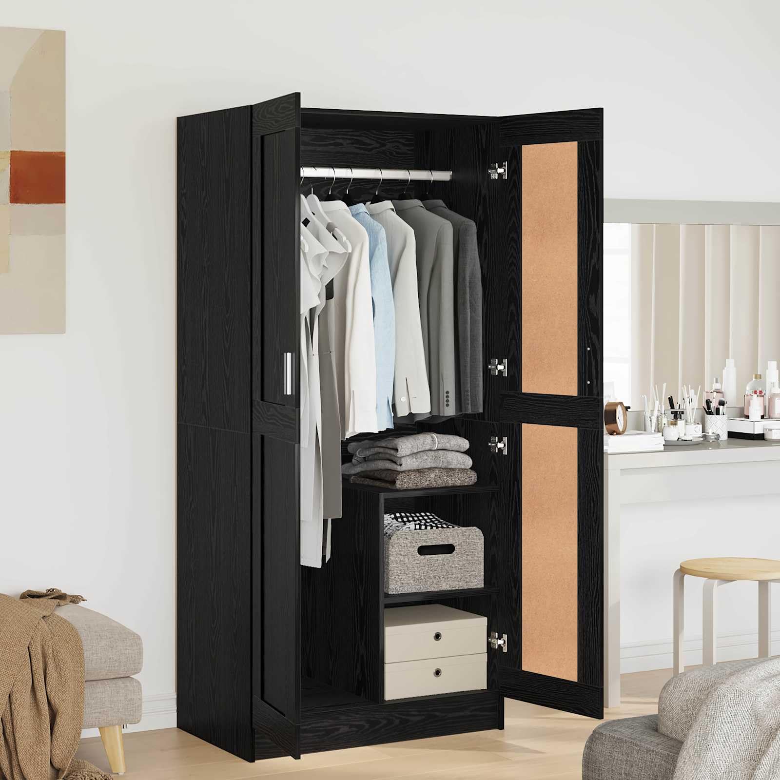 Armadio nero effetto quercia in legno 82,5 x 51,5 x 180 cm con 2 ante a cerniera e ripiani per camera da letto, corridoio, spogliatoio, spazioso armadio per vestiti e biancheria