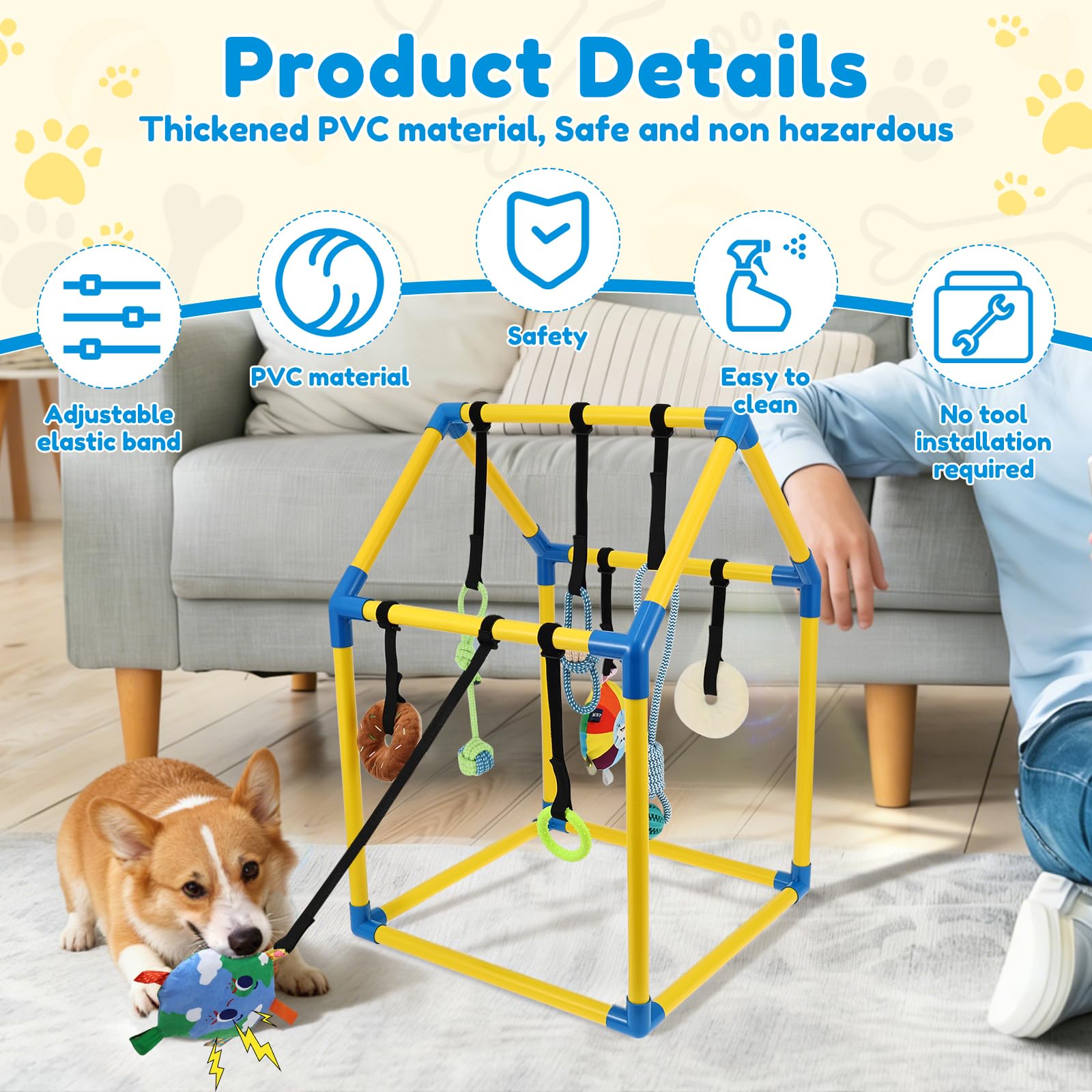 Gimnasio para cachorros con 8 juguetes colgantes, juguete de gimnasia en la selva para perros pequeños con marco de PVC y correa elástica para entretenimiento, dentición divertida y estimulación