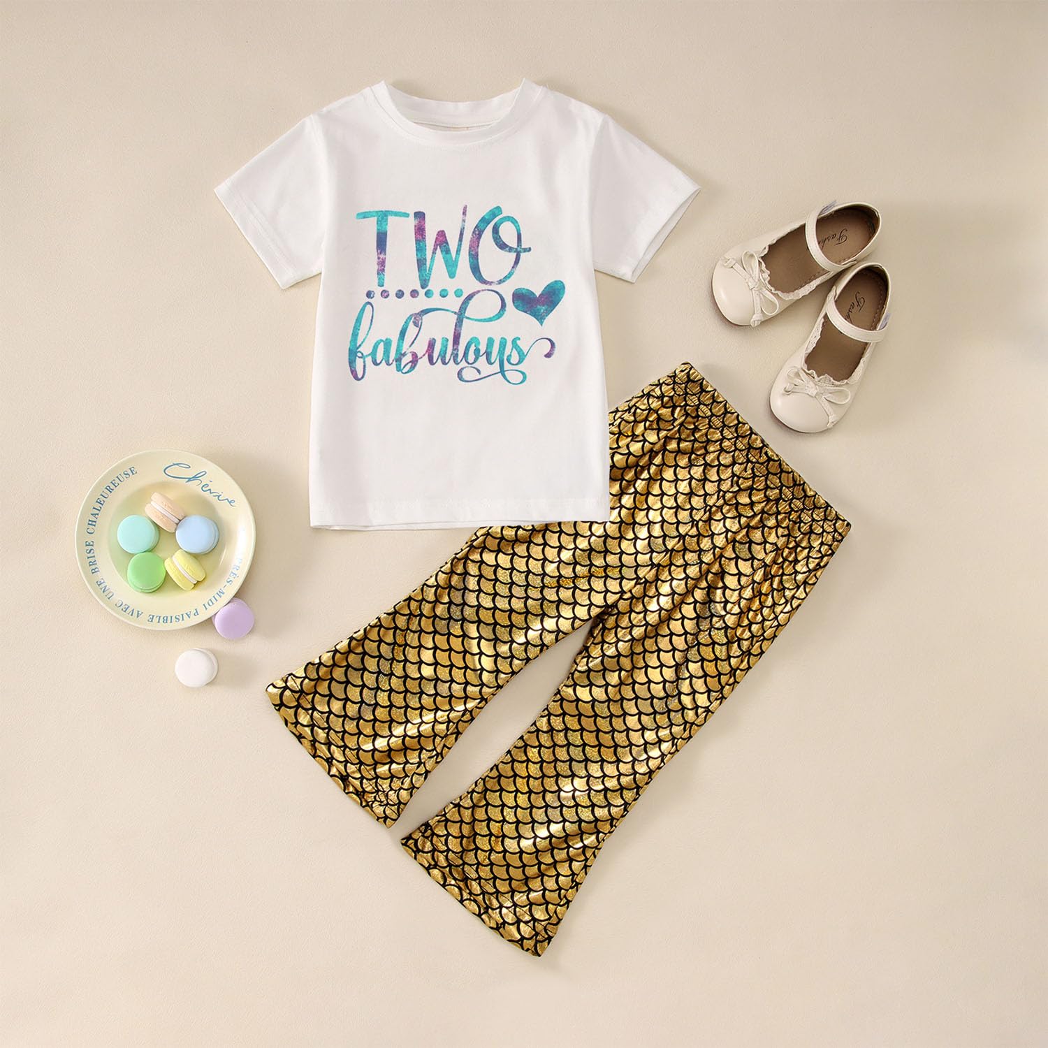 Toddler Girl Birthday Mermaid Outfits 2nd 3rd 4th Birthday Short Sleeve T-Shirt Shiny Flared Pant Set Summer Clothes(Purple-4th,4T(110))