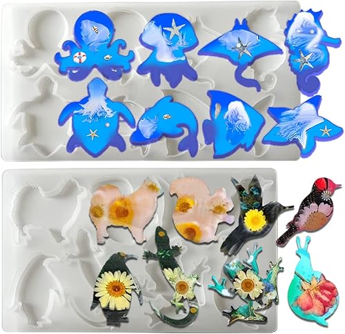 Paquete de 2 moldes de resina para llavero de estilo animal moldes de silicona para fundición de resina animales marinos terrestres moldes de resina