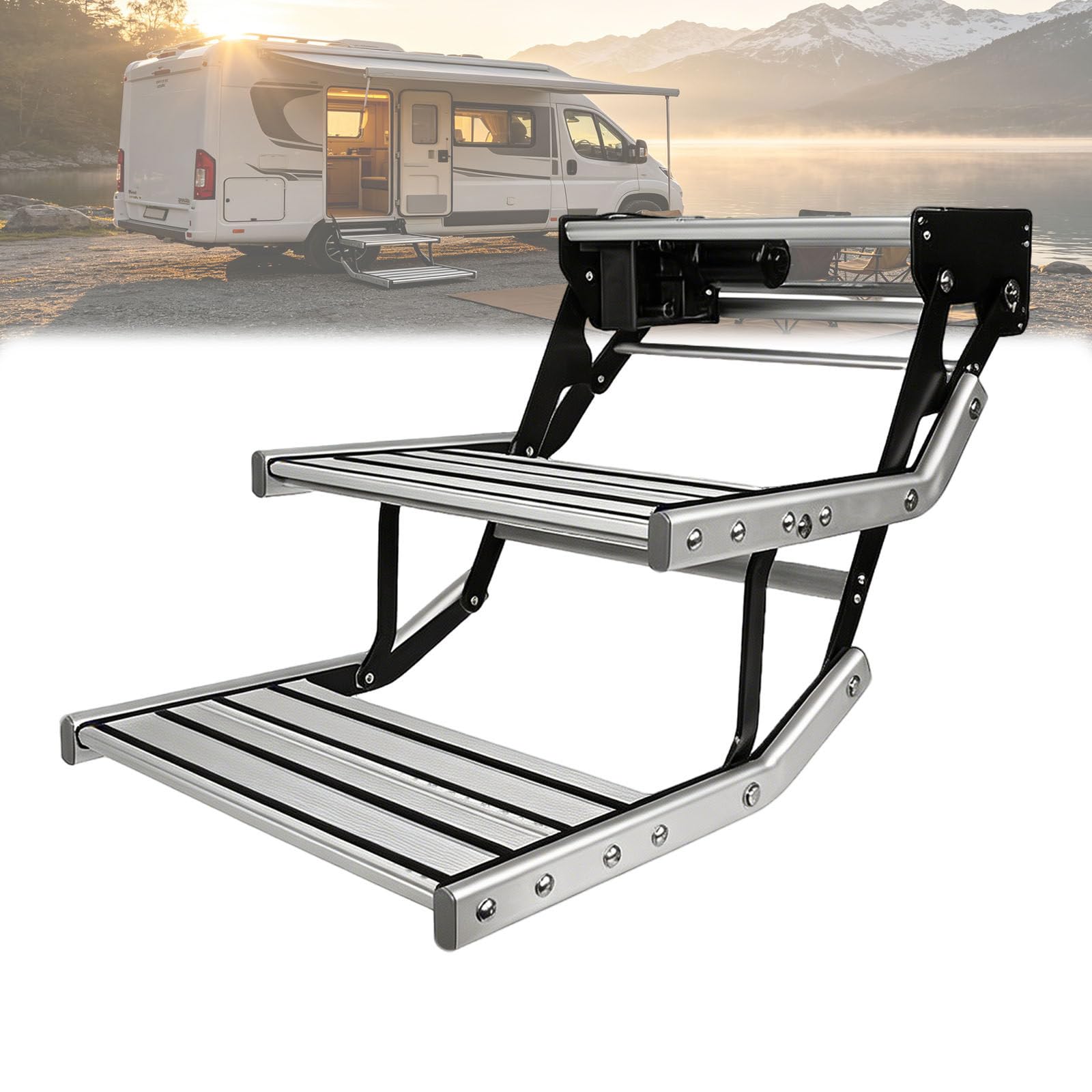 ALSUP Folding RV Entry Step Aluminum Anti-Slip with LED Light 440LBS Capacity Double-24V
