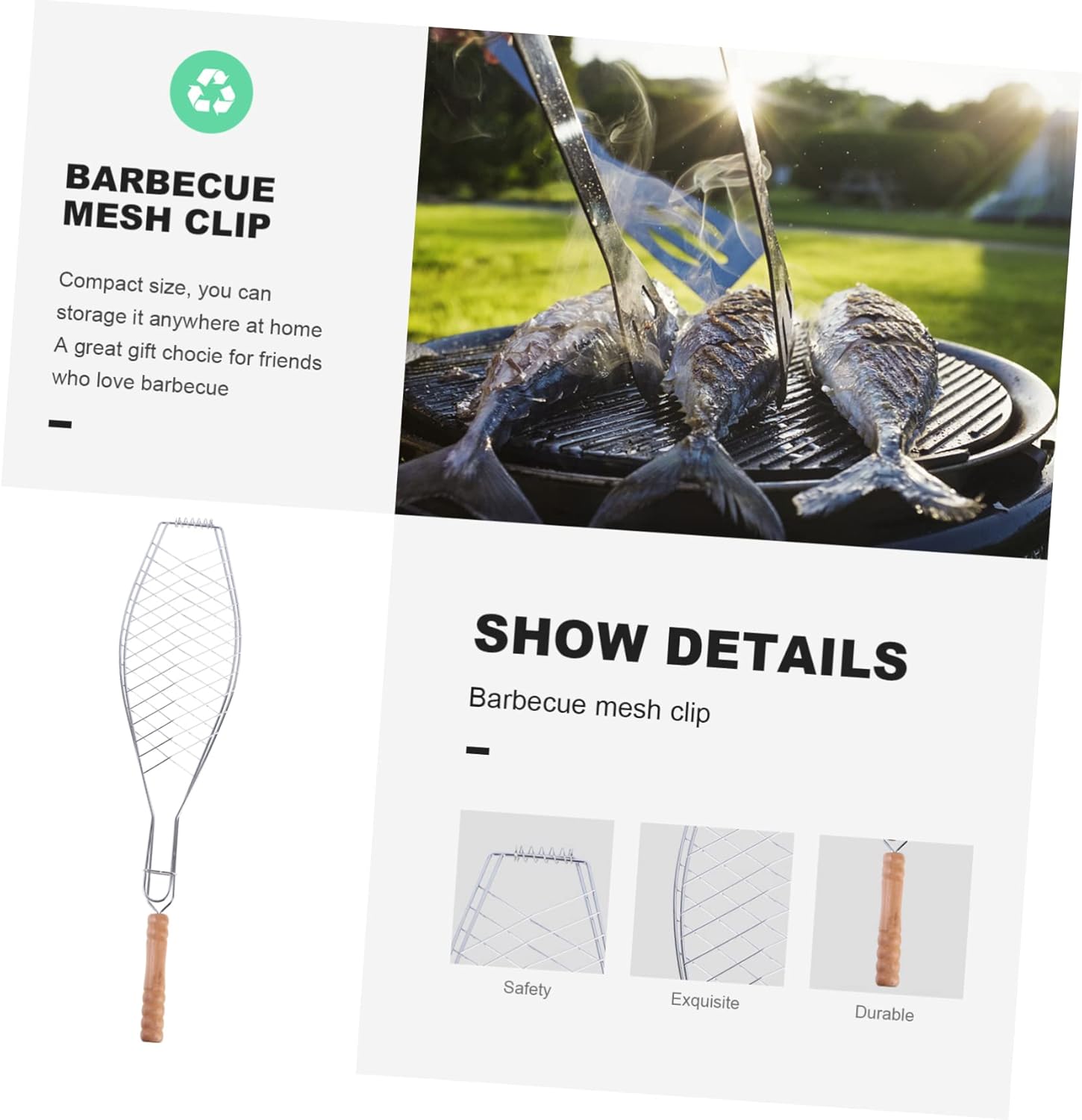 Toyvian 2 Pcs Fish Grill Clip Barbecue Tool with Durable Wooden Handle Non Stick Metal Mesh Rack for Outdoor Camping Picnic Bbq Grilling Steaks Sausages Chicken and Vegetables