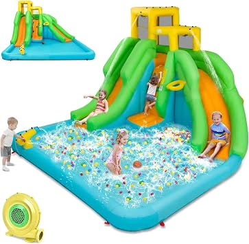 HONEY JOY Inflatable Water Slide, 6 in 1 Kids Bouncer Water Park w/Climbing Wall & 2 Long Slides, Splash Pool, Water Cannons, Indoor Outdoor Blow Up Water Slides for Backyardwith 480W Blower