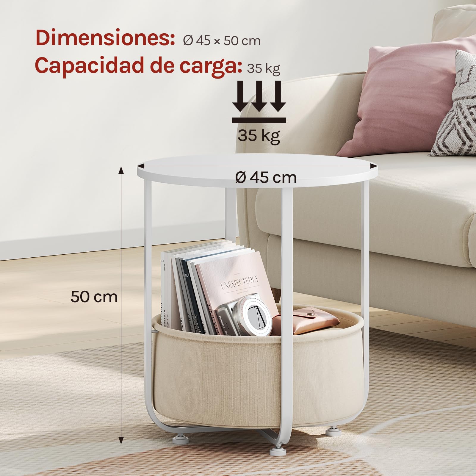 WOLTU Mesita de Cafe Redonda, Mesa Pequeña Auxiliar con Cesta de Lona de Almacenamiento, Estructura de Metal, Mueble Multiuso para Salon, Balcon, Dormitorio, Blanco + Beige