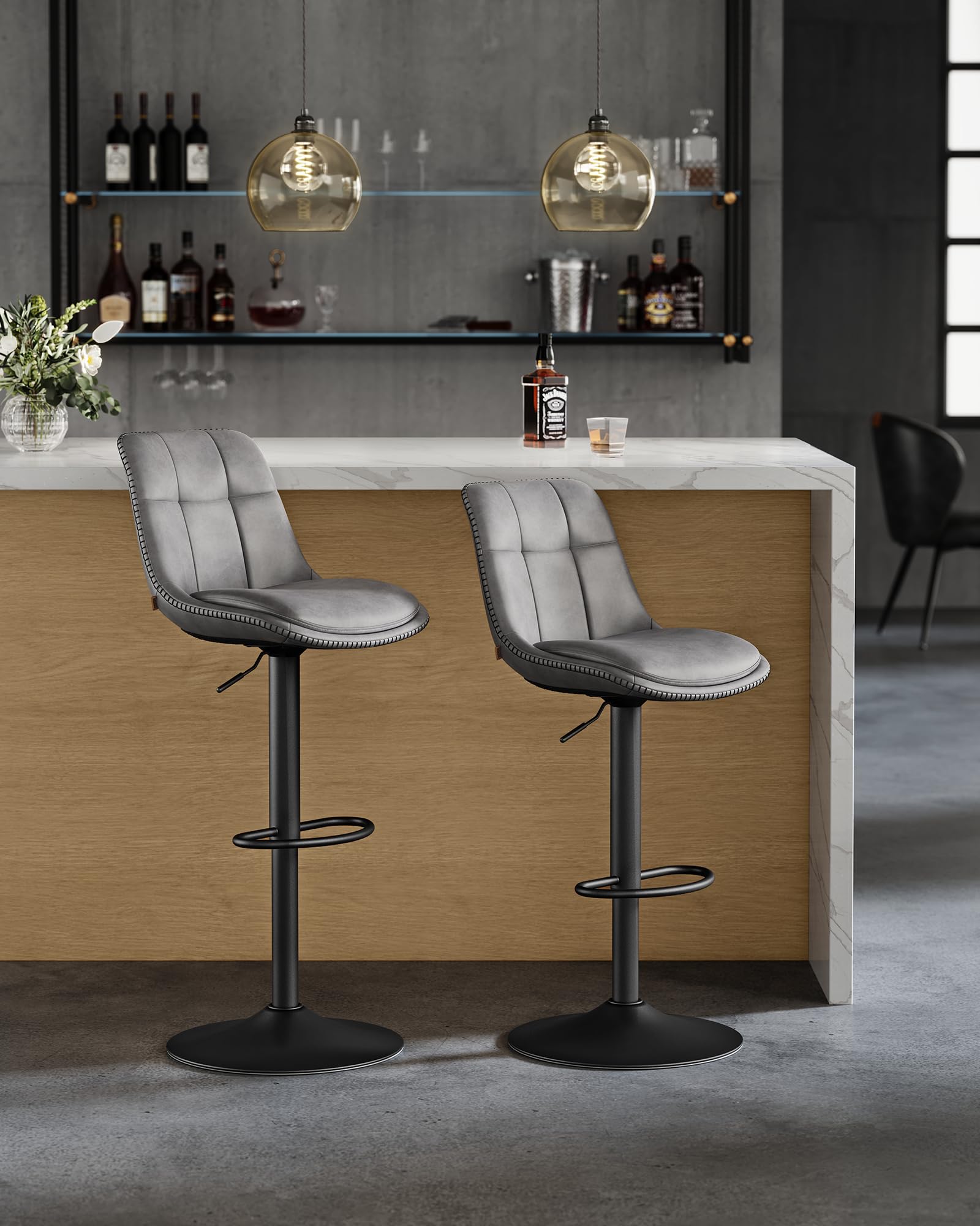 VASAGLE Barhocker 2er Set, Barstühle höhenverstellbar, drehbare Küchenhocker, PU-Bezug, mit Rückenlehne und Fußstütze, Esszimmer, Theke, Stahl, höhenverstellbar 65-85,5 cm, grau-Mattschwarz LJB095G01