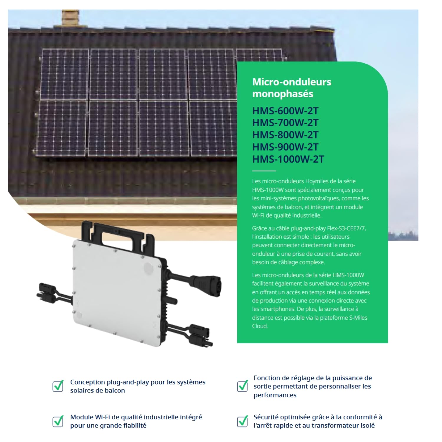 Pack Hoymiles HMS-1000W-2T Micro-onduleur 1000W – WiFi & Bluetooth – pour 2 Panneaux Solaires + Câble AC Plug&Play HMS 5m